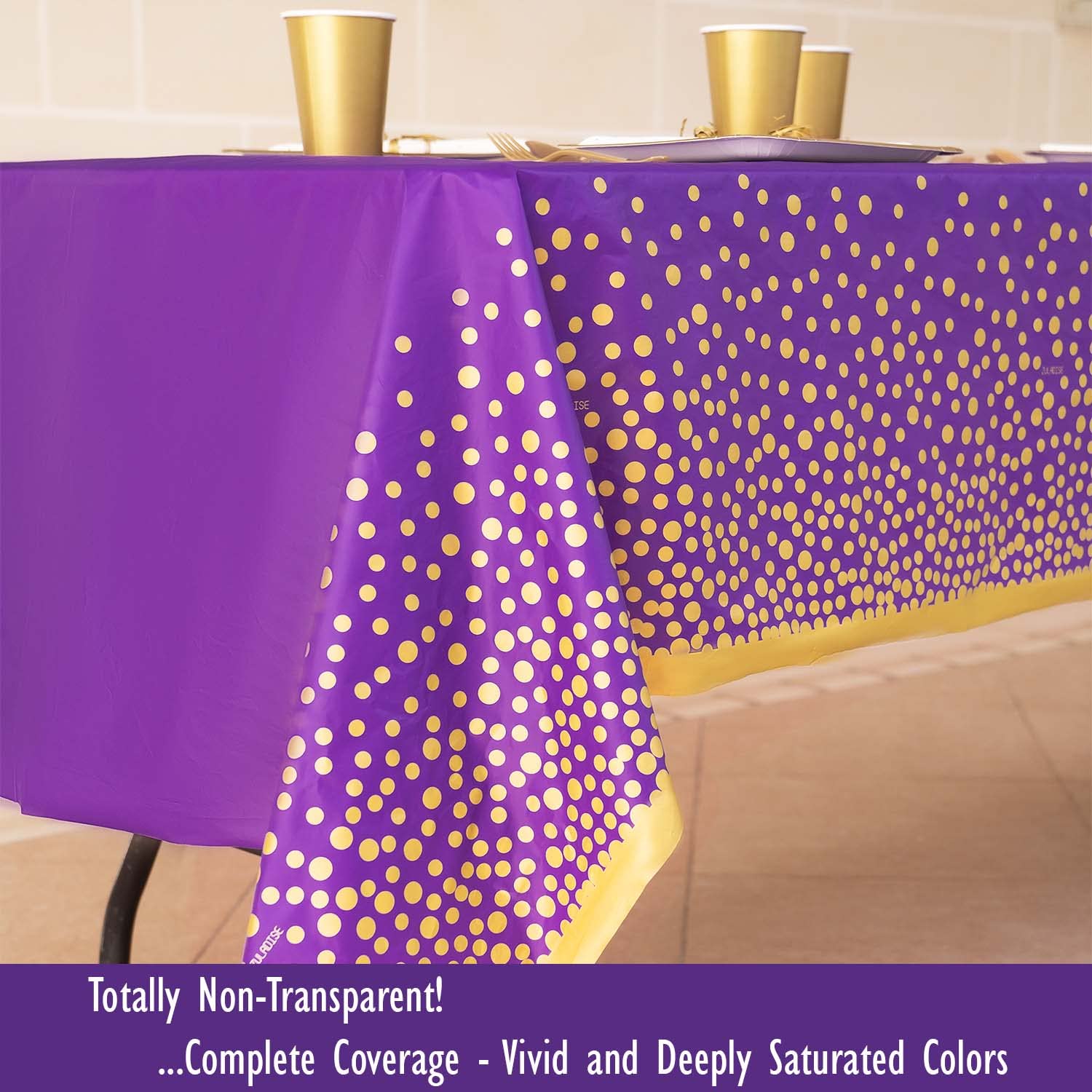 4 Pack Premium Purple & Gold Disposable Tablecloths - 8ft Reusable Plastic Table Cover for Graduation, Birthday Parties, Weddings - Perfect for Rectangle Tables, Banquets & Special Events