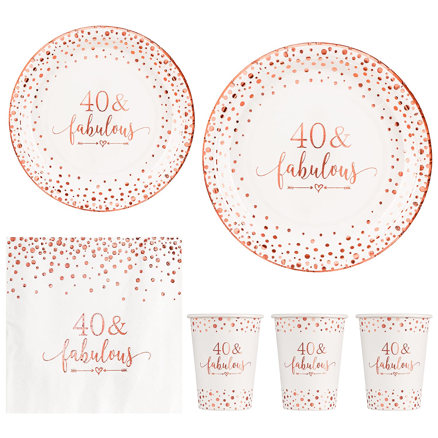 40th Birthday Party Decorations - Rose Gold Foil Disposable Tableware Set (24-Piece) with 9