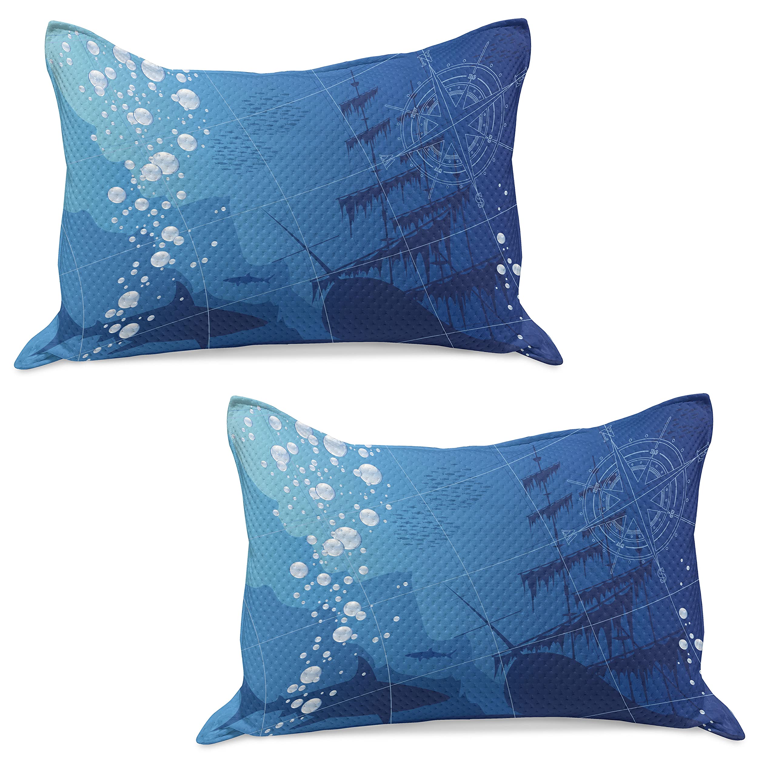 Ambesonne 2-Pack Nautical Quilted Pillow Covers - Underwater Sharks, Old Ship Compass & Windrose Design, Blue & White Ocean Theme, Standard Queen Size 30