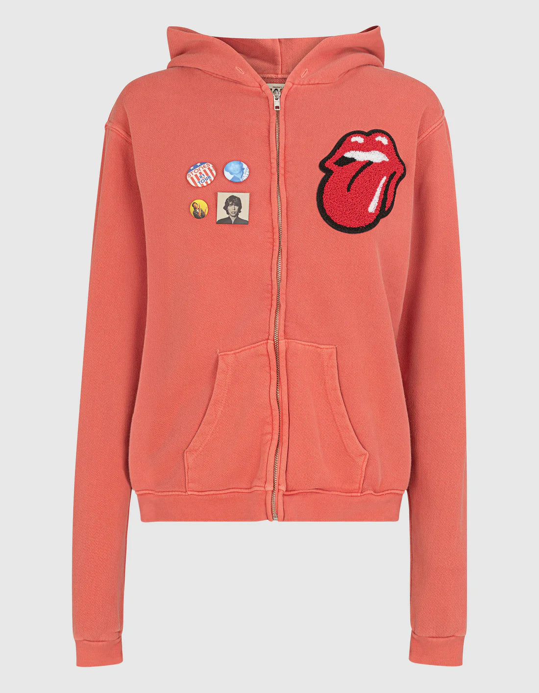 Rolling Stones Embroidered Zip-Up Hoodie - Cherry Red - Vintage Rock Band Merch for Casual Wear & Concerts