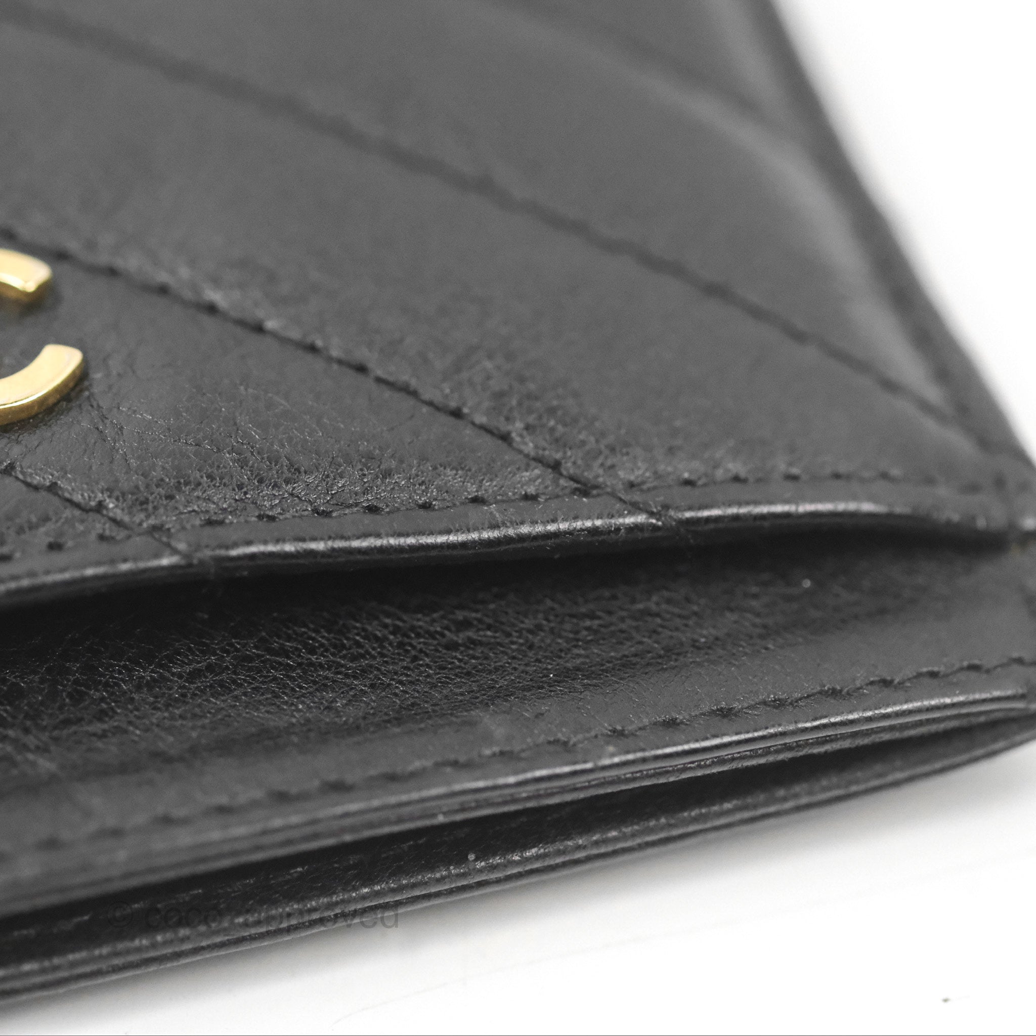 Chanel Classic Flat Card Holder Chevron Black Calfskin Gold Hardware - Luxury Wallet for Women | Perfect for Everyday Use, Travel & Gift Giving