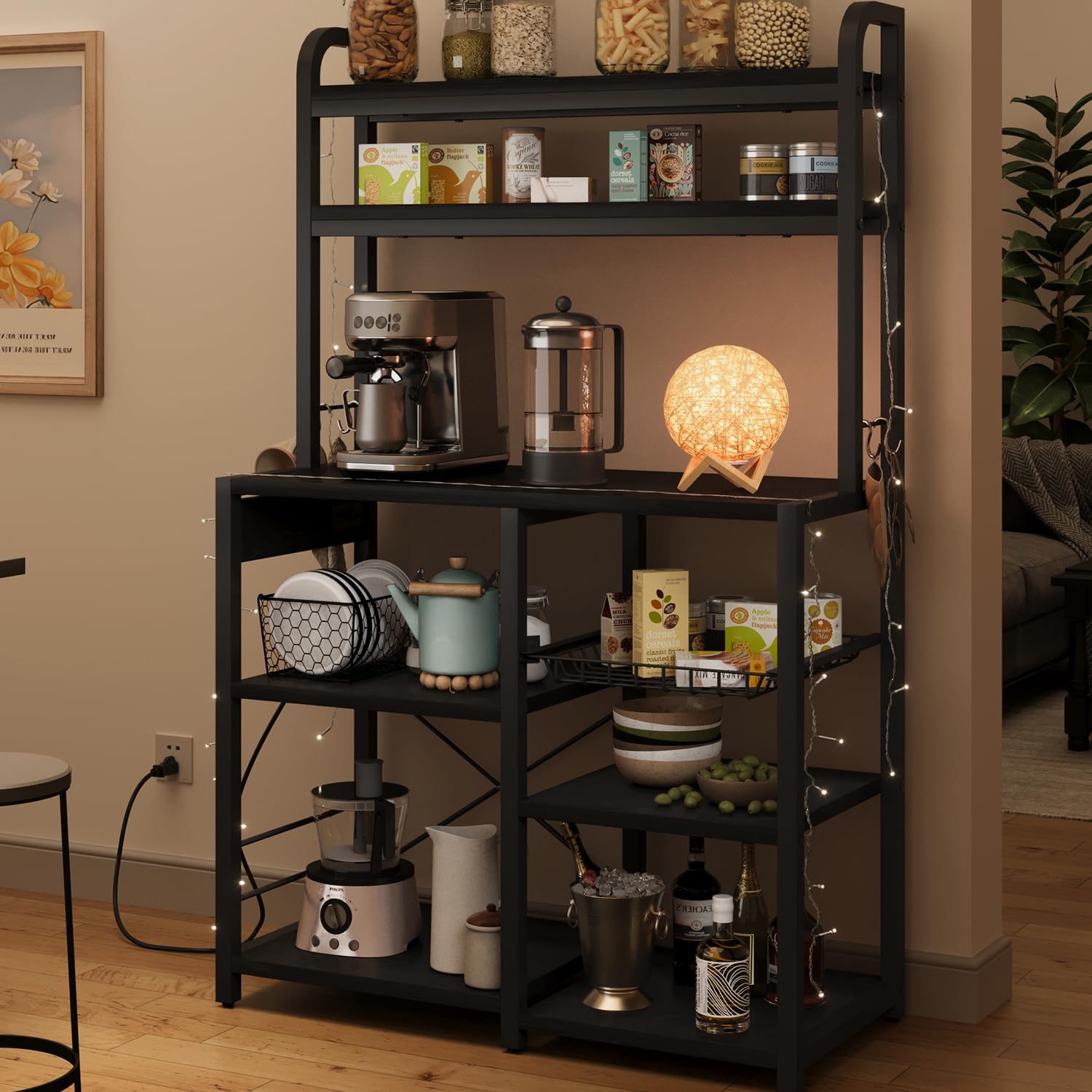 GAOMON 6-Tier Bakers Rack with Power Outlet & Wire Baskets - Freestanding Kitchen Storage Shelf for Microwave, Spices & Cookware - Retro Black Utility Shelf for Small Spaces & Apartment Living