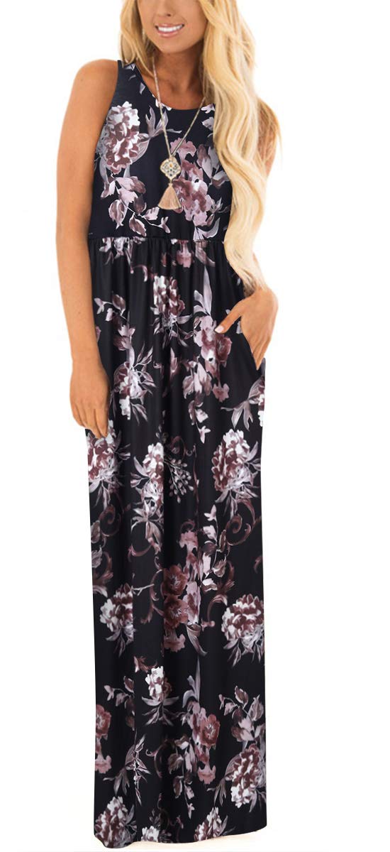 ZZER Women's Floral Racerback Maxi Dress - Loose Swing Casual Tunic with Pockets - Perfect for Beach, Vacation & Summer Outfits
