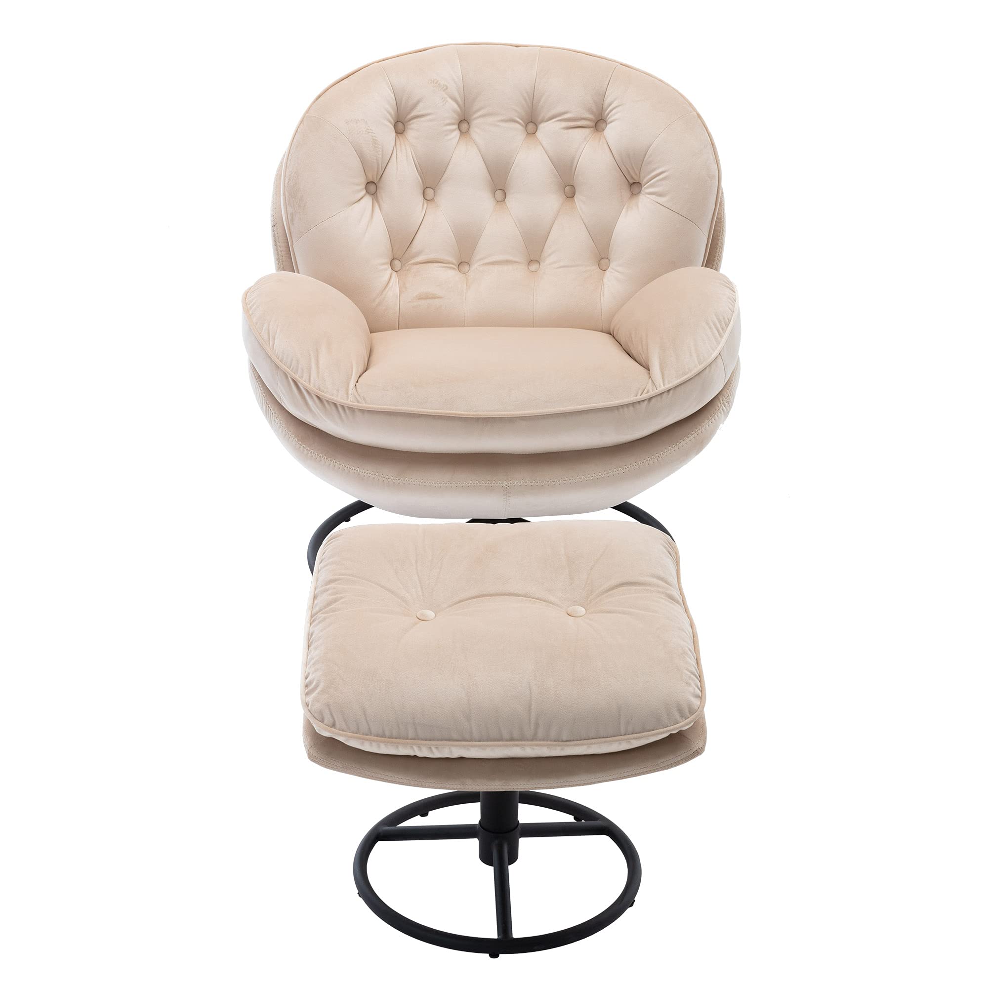 NIOIIKIT 360° Swivel Velvet Accent Chair with Ottoman - Plush Upholstered Lounge Chair with Footrest, Comfortable Cushioned Recliner Armchair for Living Room, Bedroom & Office - Perfect for Relaxing, Reading & Entertaining Guests (Beige)