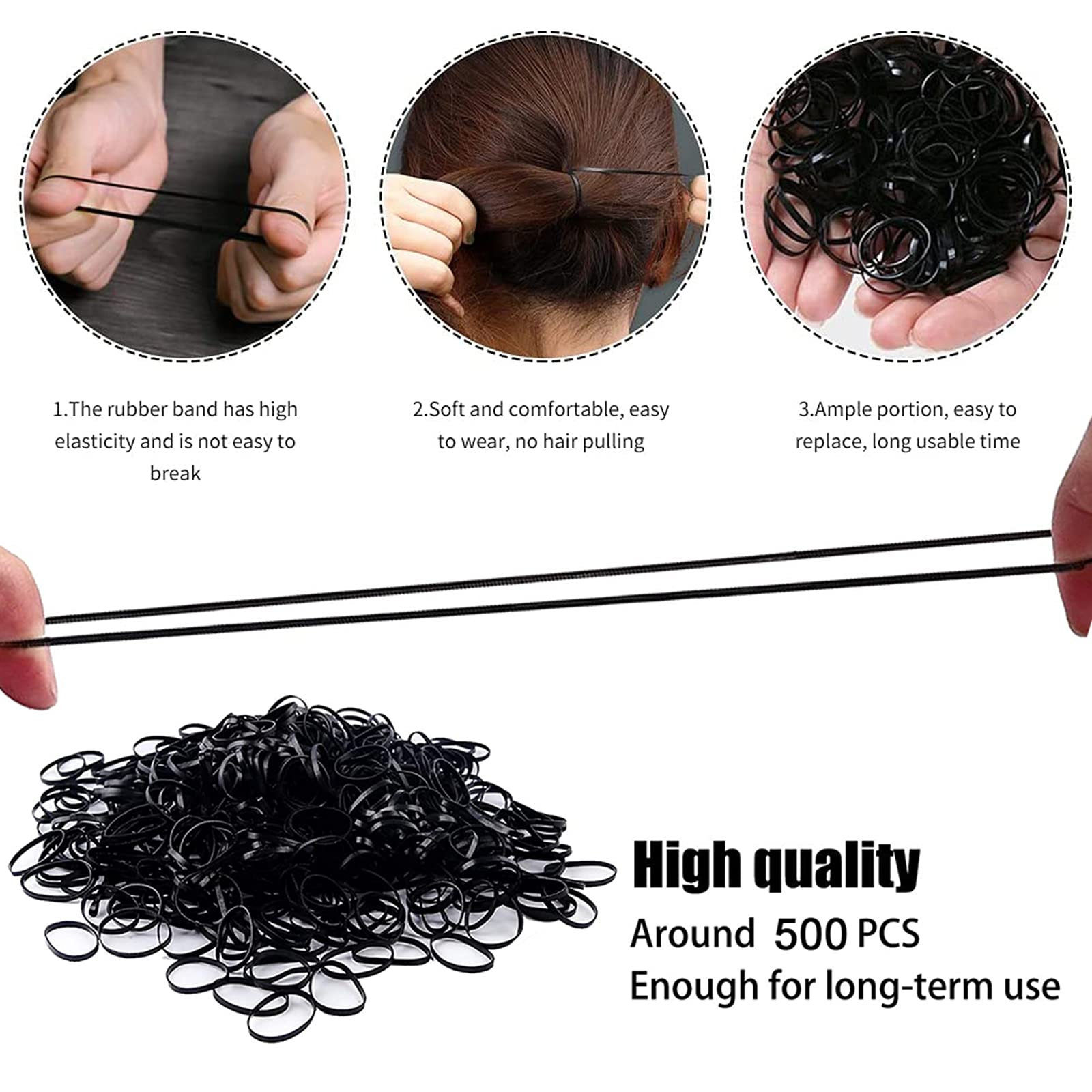 ILamourCar 500 Pcs Black Elastic Hair Bands Set - Small Hair Rubber Bands for Kids, Braids & Wedding Hairstyles - Includes 10 Colorful Hair Grips (Perfect for School, Sports, Dance & Everyday Styling)