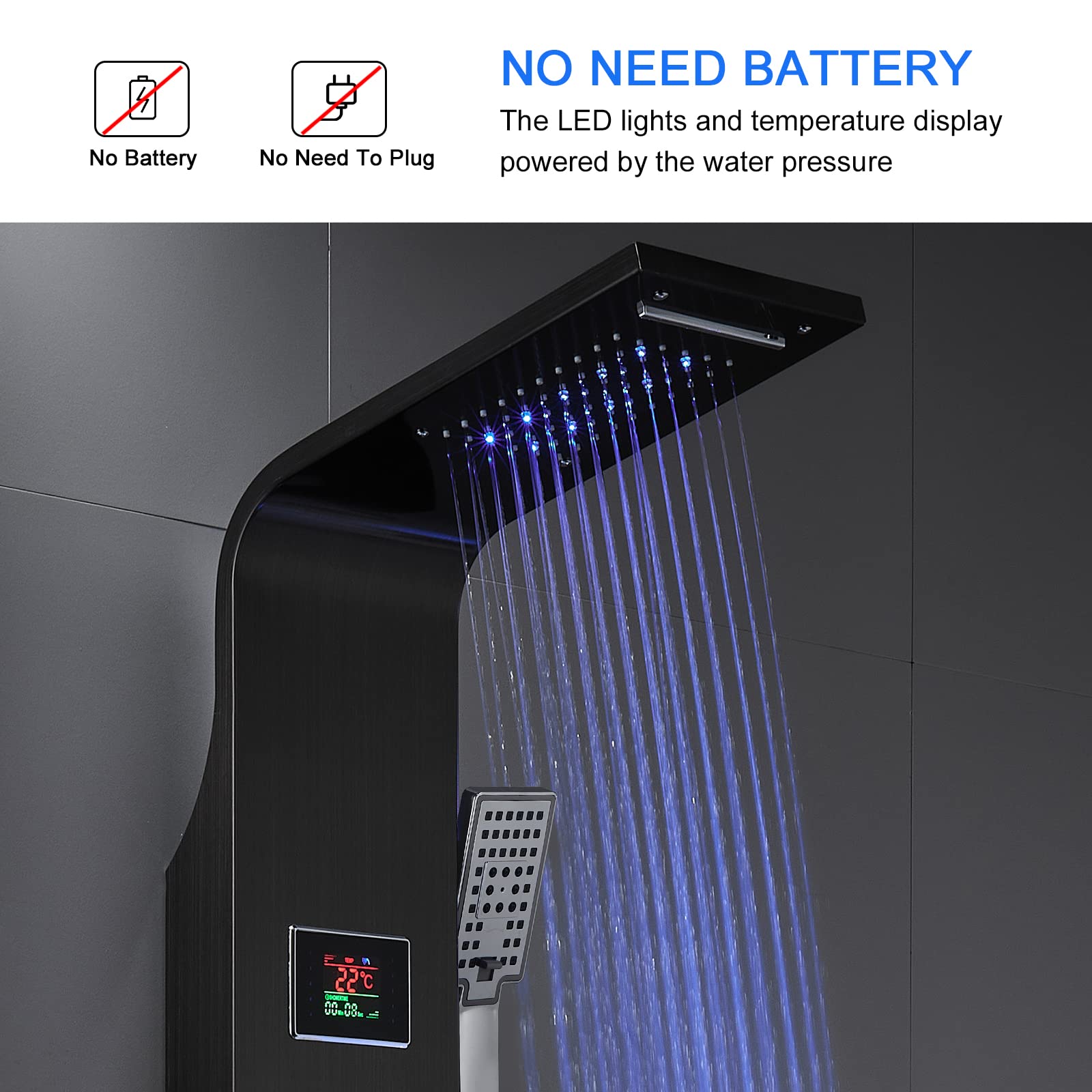 Black Stainless Steel LED Light Shower Panel System with Rainfall Shower Head, Massage Jets & Handheld Spray - Perfect for Modern Bathroom Renovation & Spa-Like Shower Experience