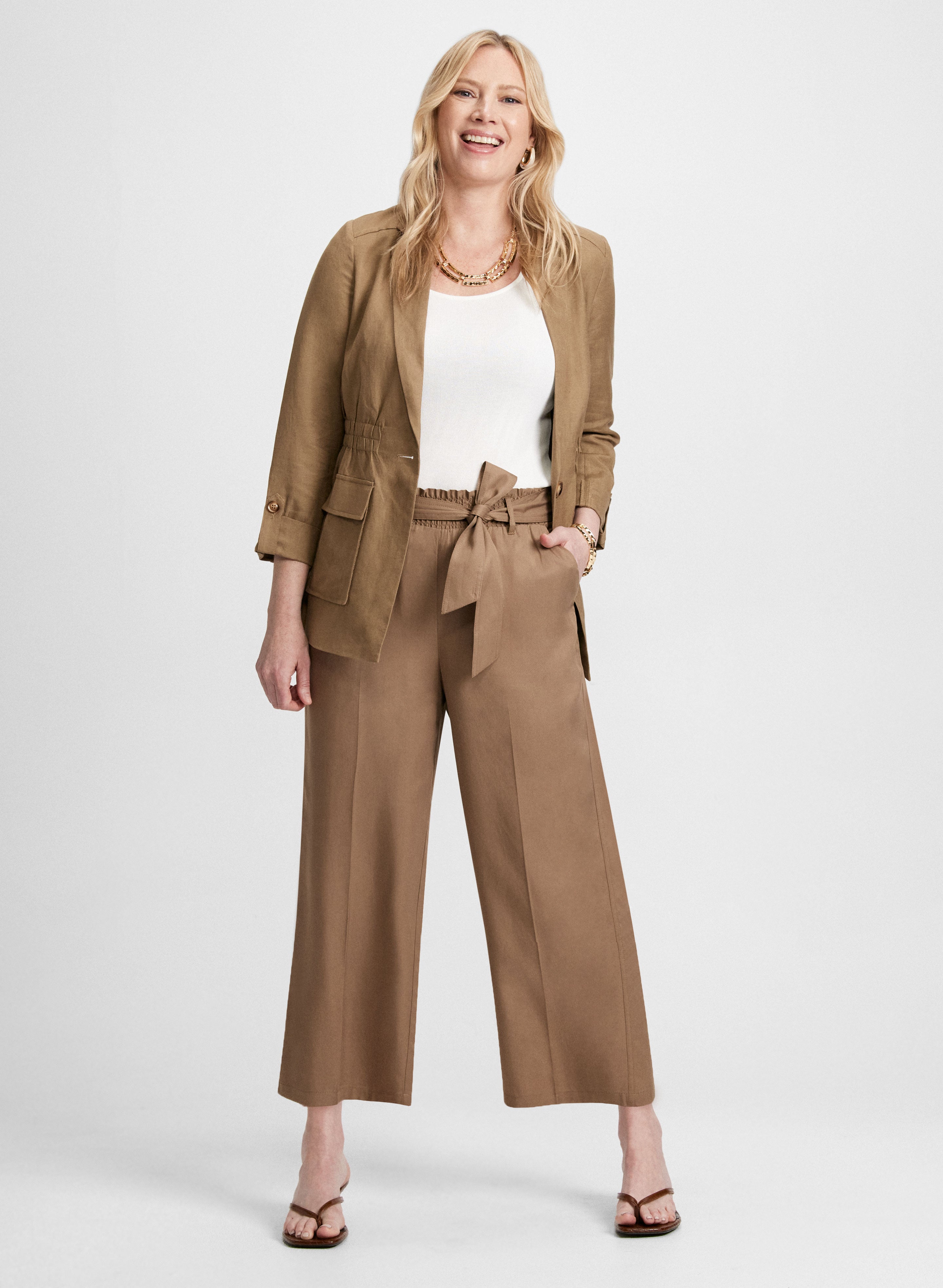 Stylish Elastic Waist Linen Jacket & Drawcord Pants Set - Comfortable Casual Outfit for Women - Perfect for Spring/Summer, Office Wear & Weekend Outings