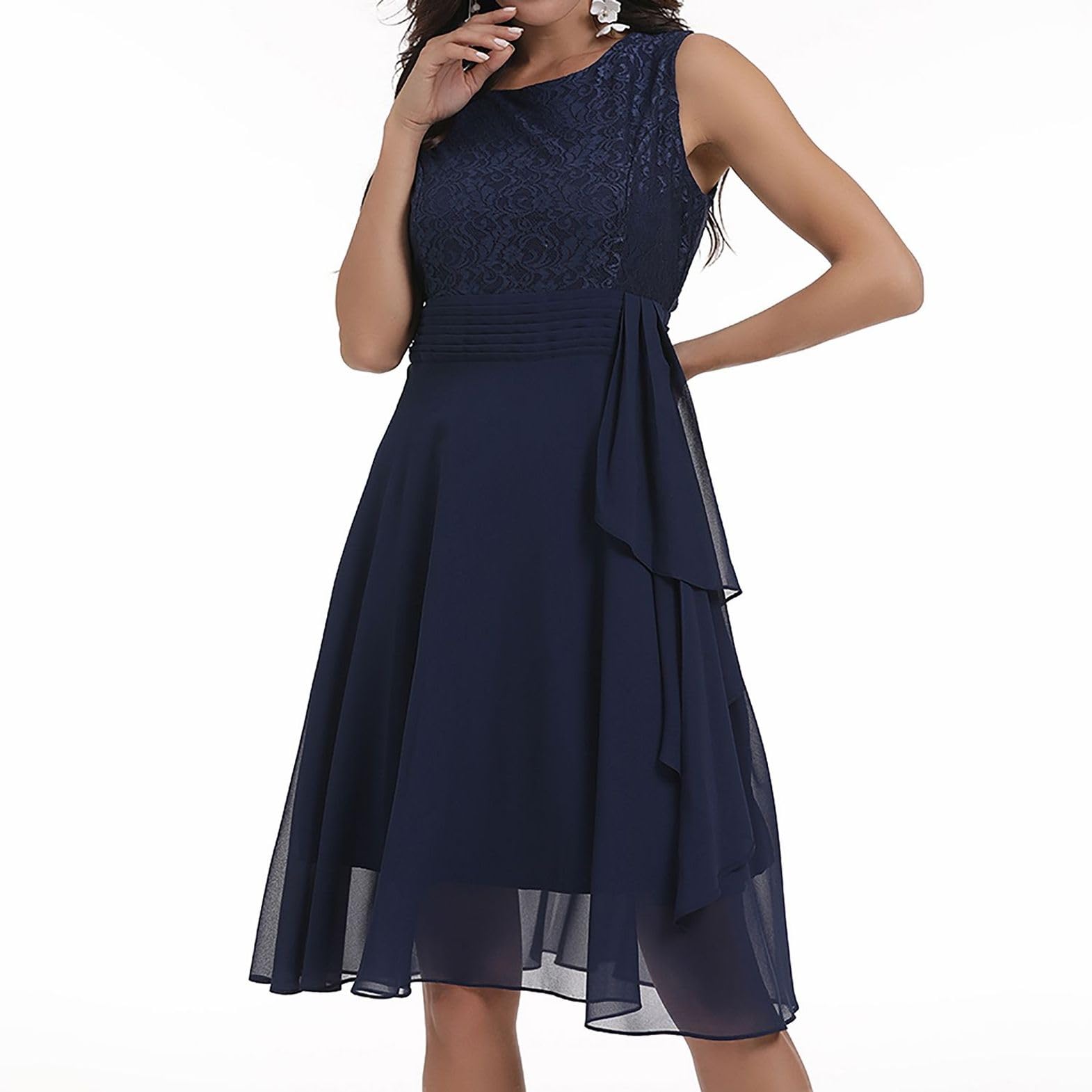 Elegant Women's Sleeveless Lace Prom Dress - High Waist Midi Homecoming Party Dress for Summer Semi-Formal Occasions | Perfect for Graduation, Wedding Guest & Cocktail Events