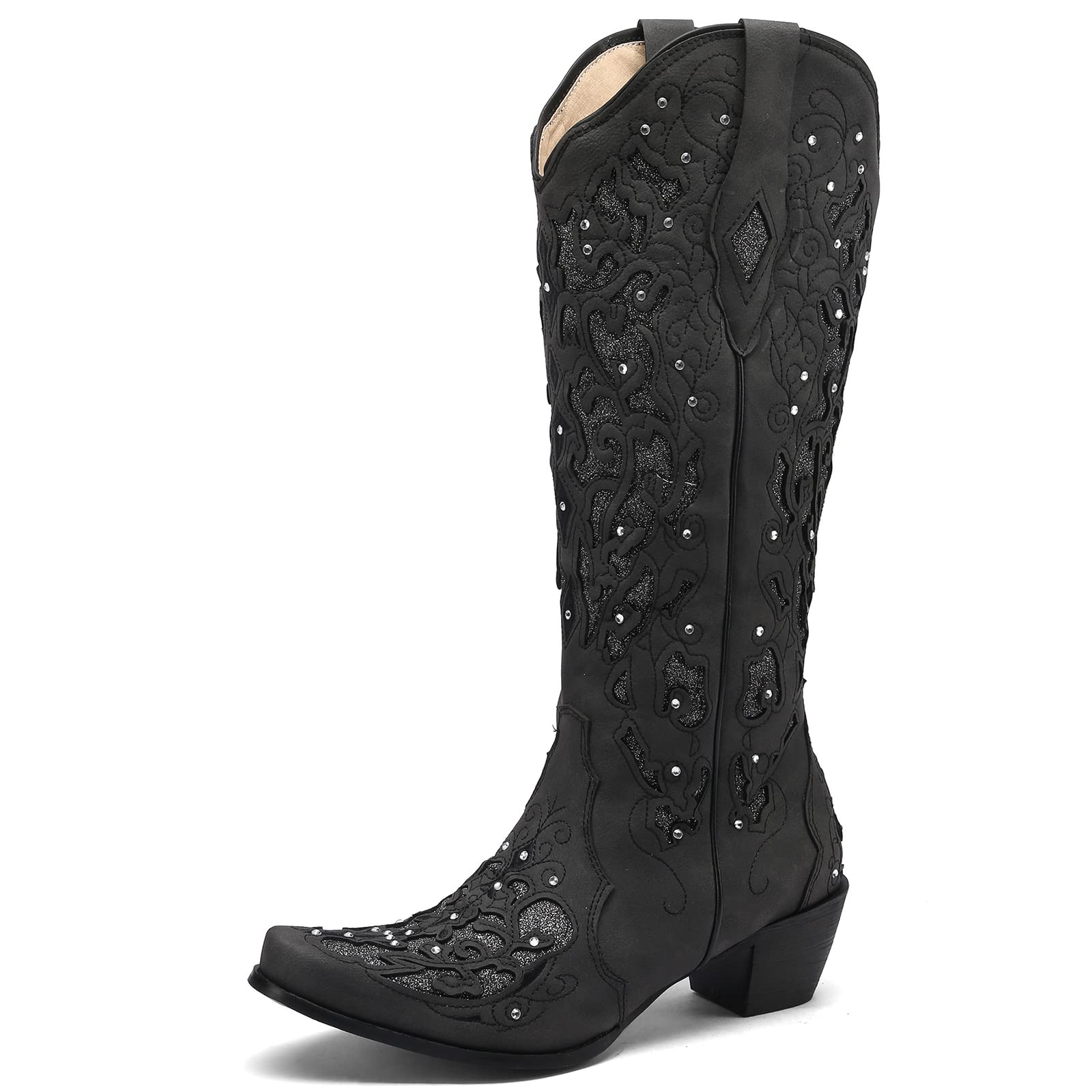 Kluolandi Women's Western Cowboy Boots - Wide Calf Knee High Rhinestone Embroidered Cowgirl Boots with Chunky Heel | Perfect for Country Dancing, Rodeo Events & Western Fashion Outfits