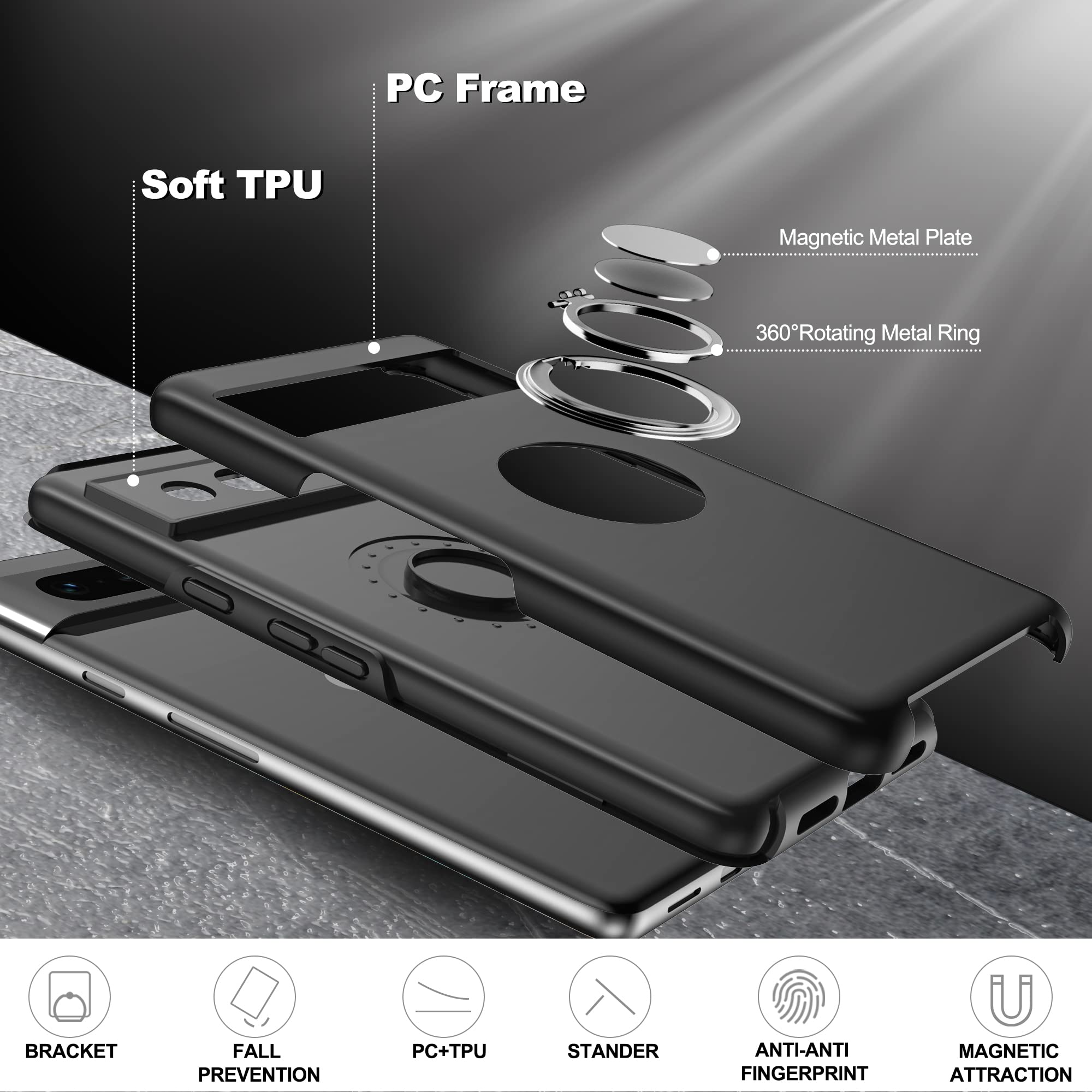 Shockproof Google Pixel 7 Case with HD Screen Protector - 360° Magnetic Ring Holder & Kickstand - Black | Perfect for Everyday Protection & Hands-Free Viewing