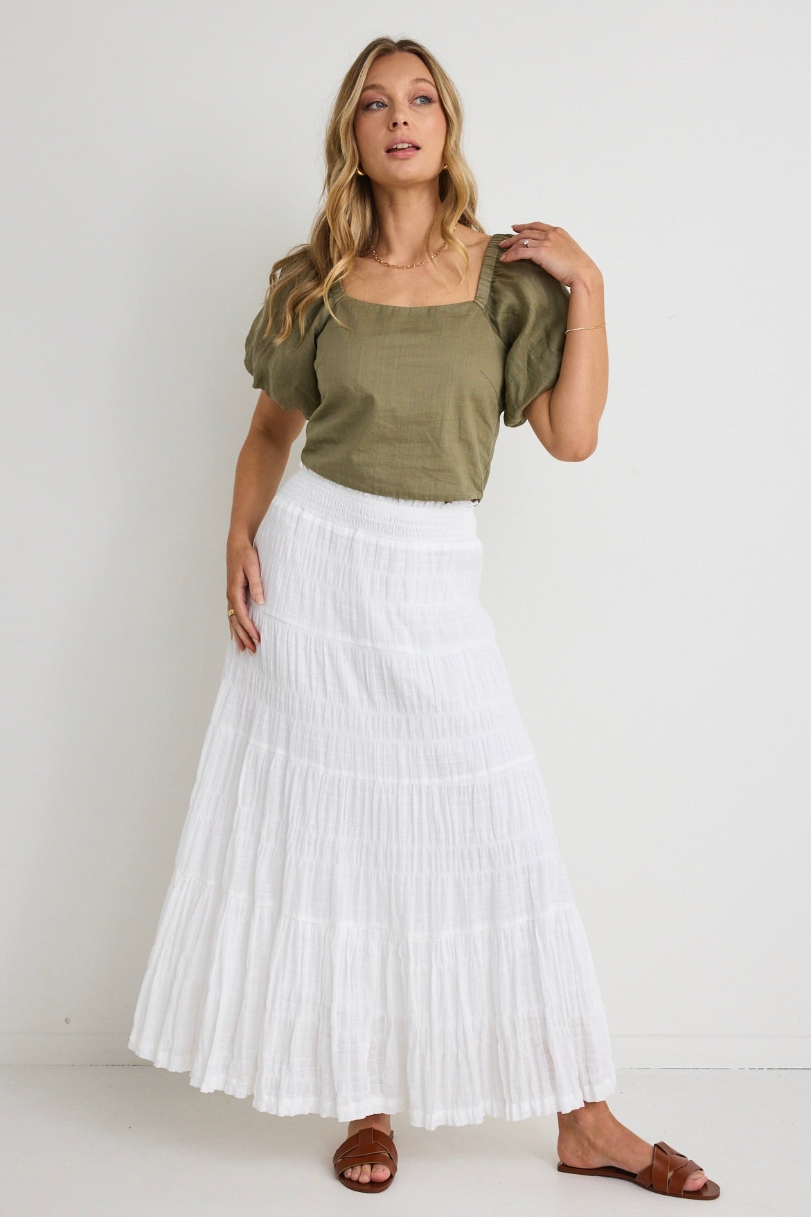 Elegant White Cotton Shirred Tiered Maxi Skirt for Women - Boho Summer Beach Dress, Perfect for Vacations & Casual Outings