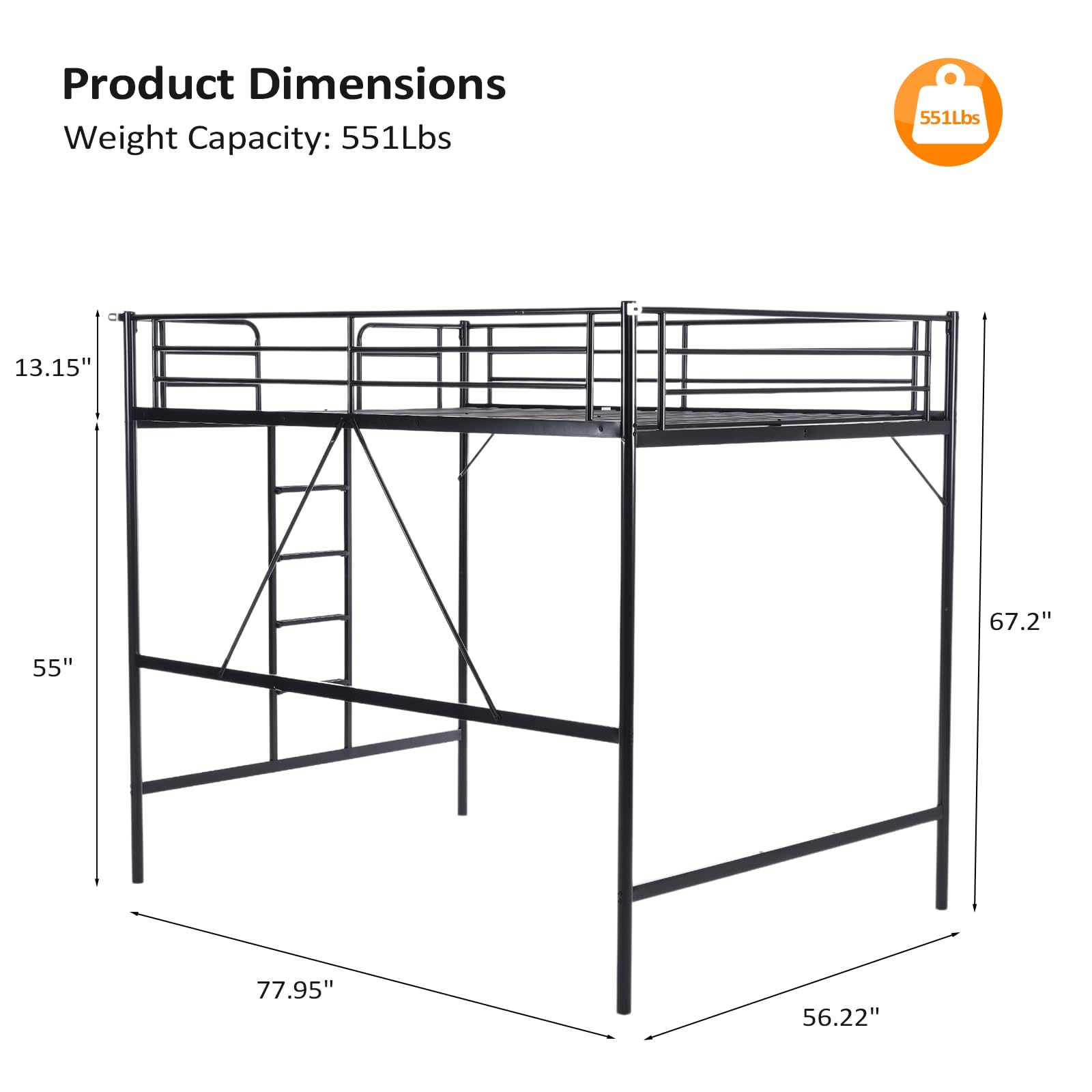 VINGLI Full Size Loft Bed with Flat Rungs - Sturdy Metal Slat Support for Adults, Kids & Teens - No Box Spring Needed - Perfect for Small Spaces, Dorm Rooms & Kids' Bedrooms