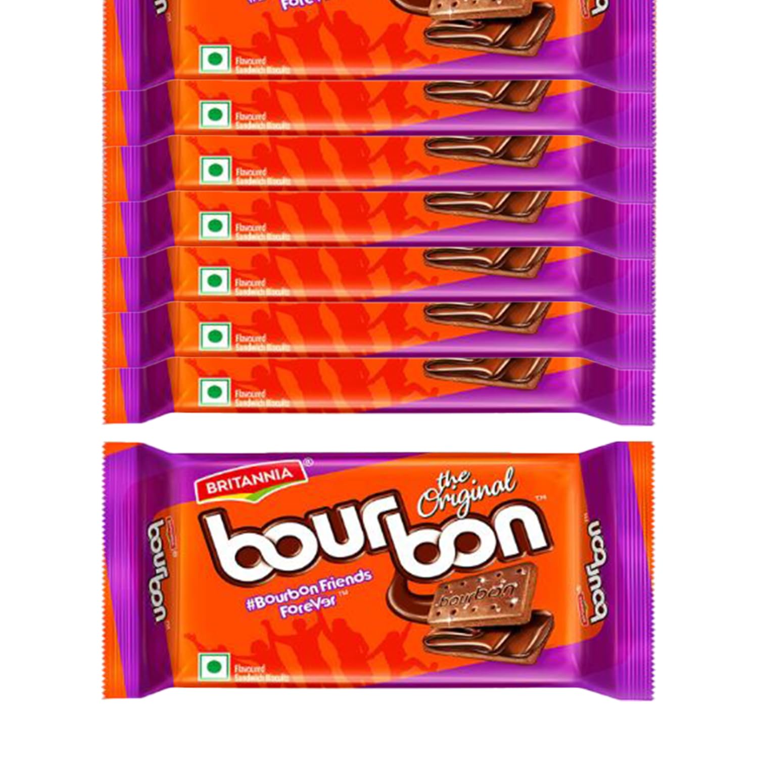 Britannia Bourbon Original Choco Creme Biscuits 3.52oz (100g) Pack of 8 - Smooth Chocolate Cream Filled Cookies with Sugar Crystals - Perfect for Breakfast, Tea Time, Office Snacks & Kids Lunchboxes