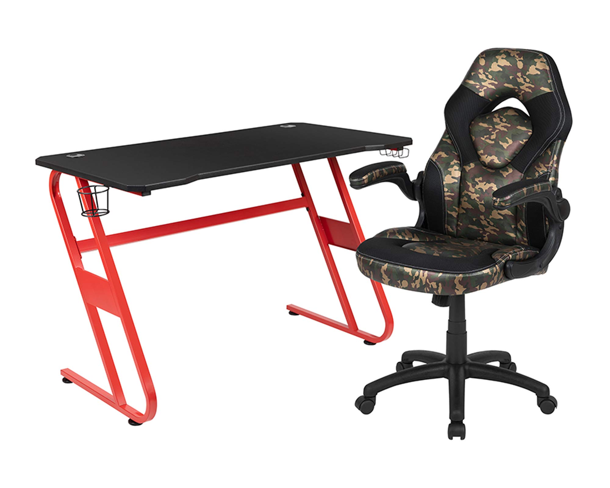 Flash Furniture Red Gaming Desk & Camouflage Black Racing Chair Set with Cup Holder & Headphone Hook - Perfect for Gamers, Streamers & Home Office Setup