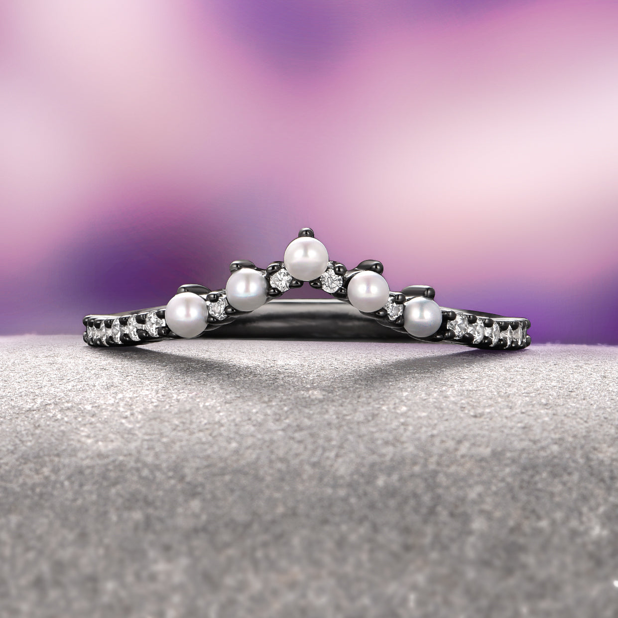 Natural Freshwater Pearl Wedding Band Ring for Women - Black Ruthenium Plated Elegant Bridal Jewelry - Perfect for Engagement, Anniversary & Special Occasions