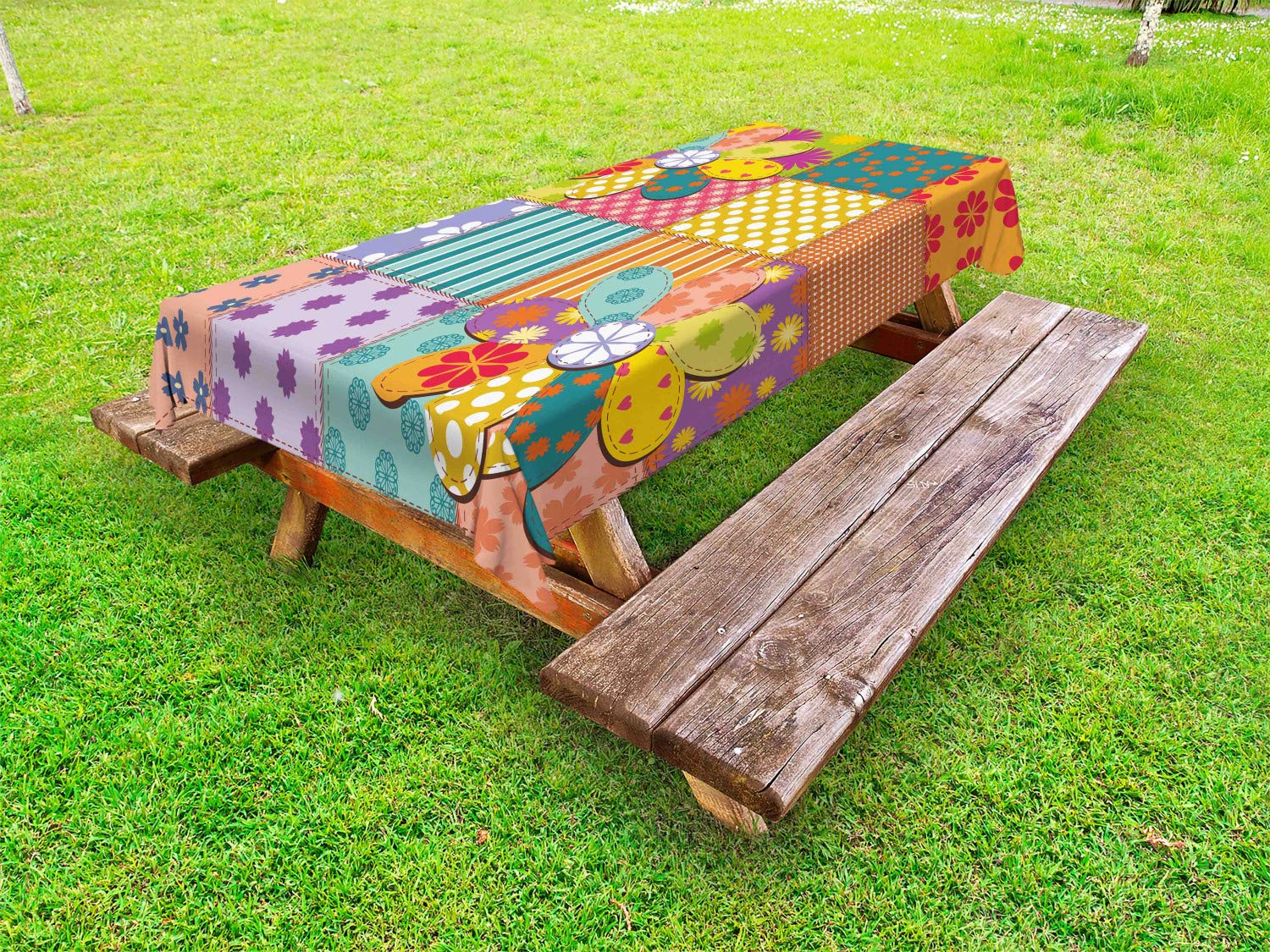 Ambesonne Colorful Outdoor Tablecloth - Floral Geometric Polka Dot Tartan Stripes Design, Washable Picnic Table Cover 58x120 Inches - Perfect for BBQs, Garden Parties & Outdoor Dining