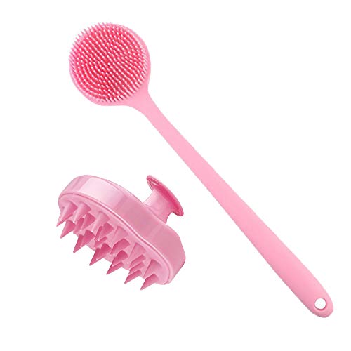 Exfoliating Silicone Shower Brush & Scalp Massager - Long Handle Back Scrubber for Deep Cleansing, Dandruff Removal & Skin Care - Perfect for Men, Women & Pets (2-Pack) - Ideal for Relaxing Bath Time & Spa-Like Shower Experience