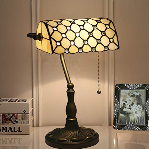 Vintage Tiffany Style Beaded Table Lamp - Art Glass 1-Light Yellow Banker Lamp with LED Bulb | Bedside Desk Light for Reading, Bedroom, Office, Restaurant & Hotel Decor