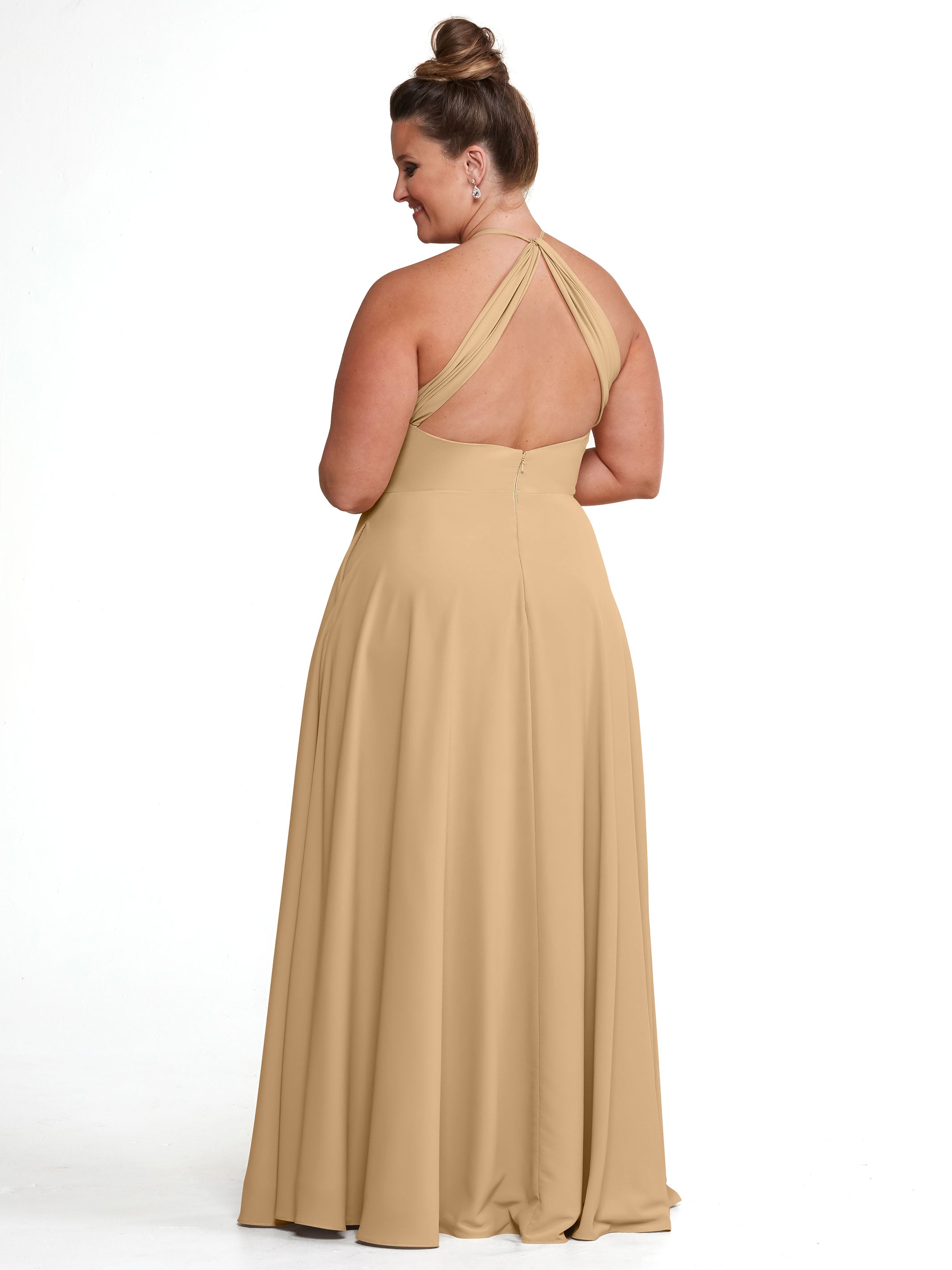 Elegant 83022 Stretch Chiffon Halter A-Line Bridesmaid Dress with Pockets - Perfect for Weddings, Parties & Formal Events