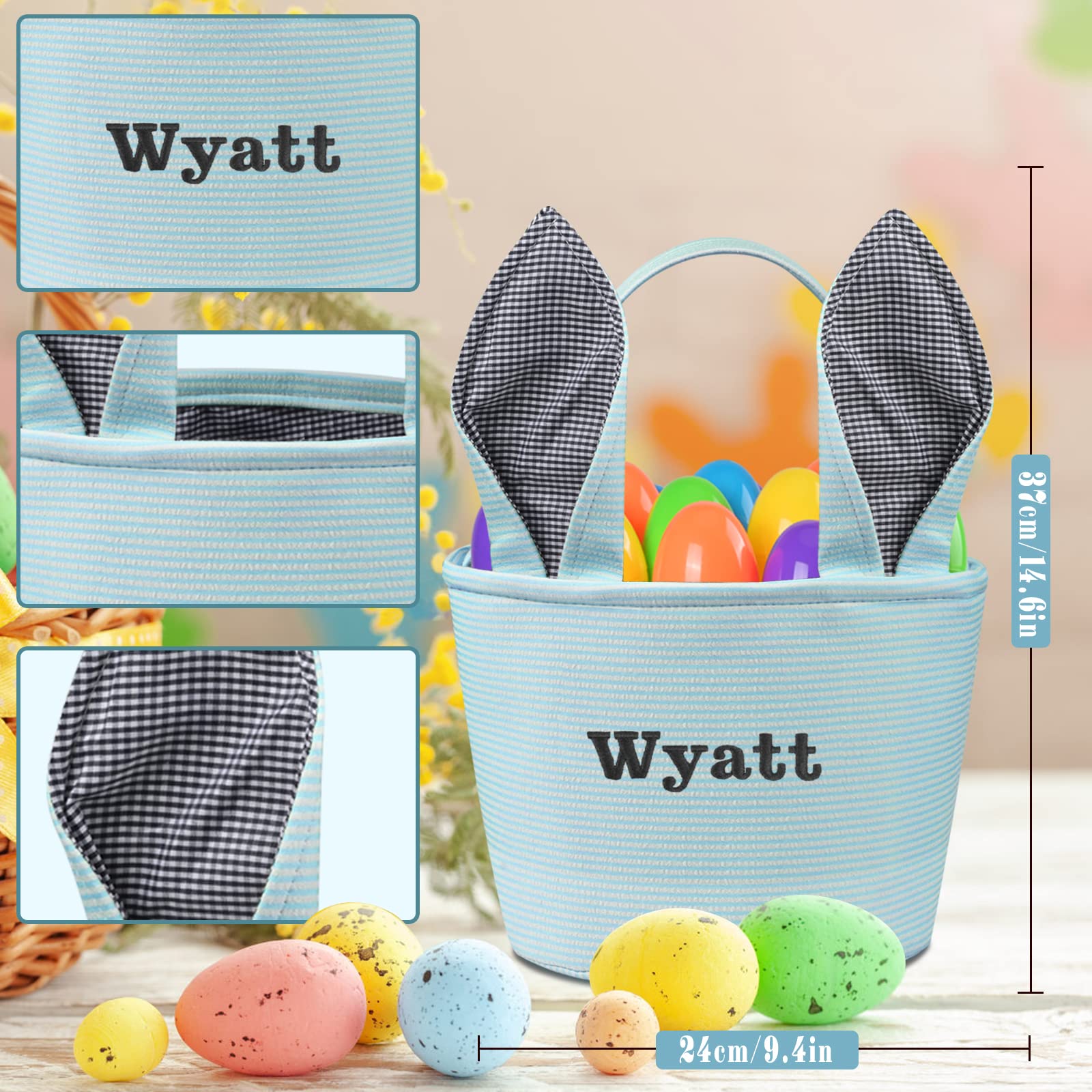 Personalized Easter Basket with Bunny Ears - Custom Name Easter Basket for Kids, Boys & Girls - Blue - Perfect for Easter Egg Hunts, Gift Giving & Spring Celebrations