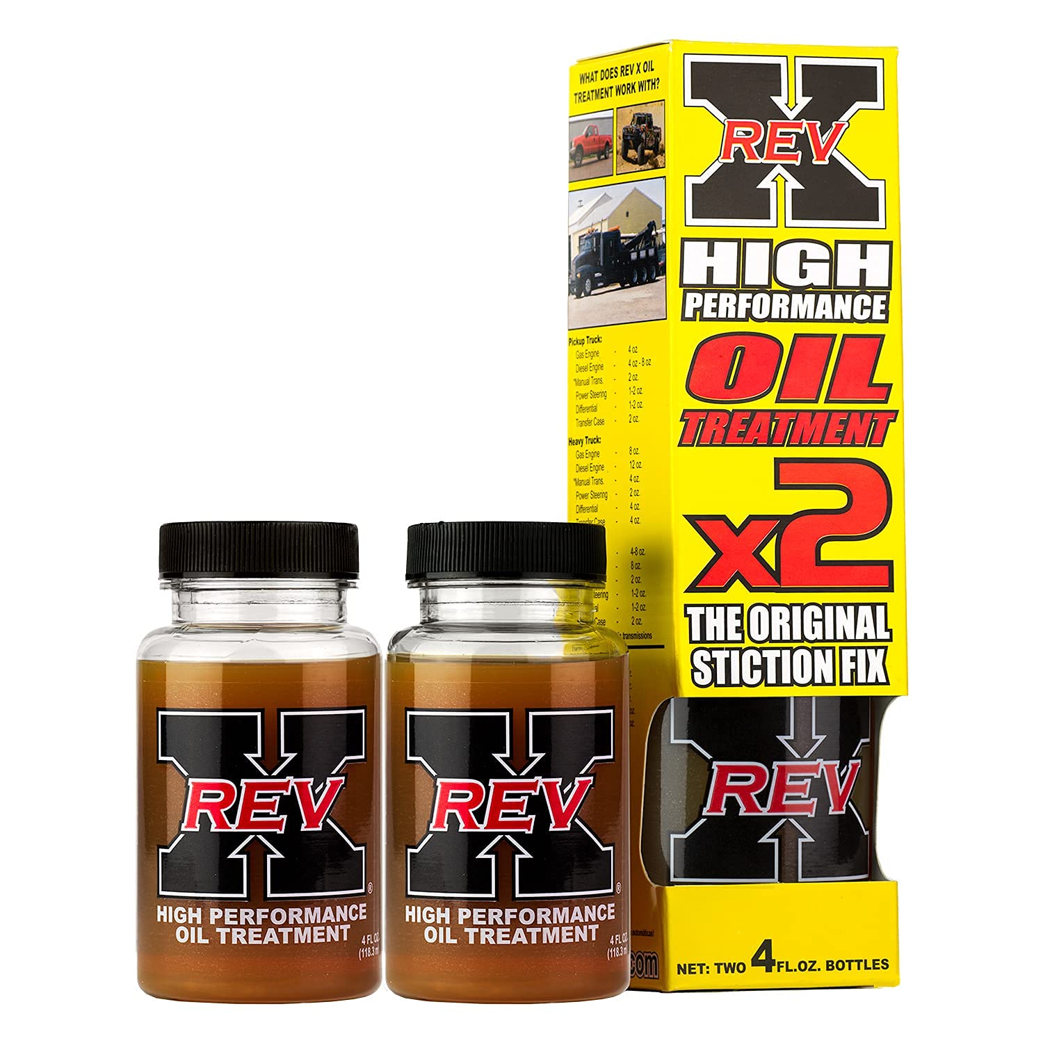 REV X Stiction Fix Oil Treatment - 2 Pack (4 fl. oz. Each) | Reduces Engine Friction & Restores Performance | Ideal for High-Mileage Vehicles & Diesel Engines