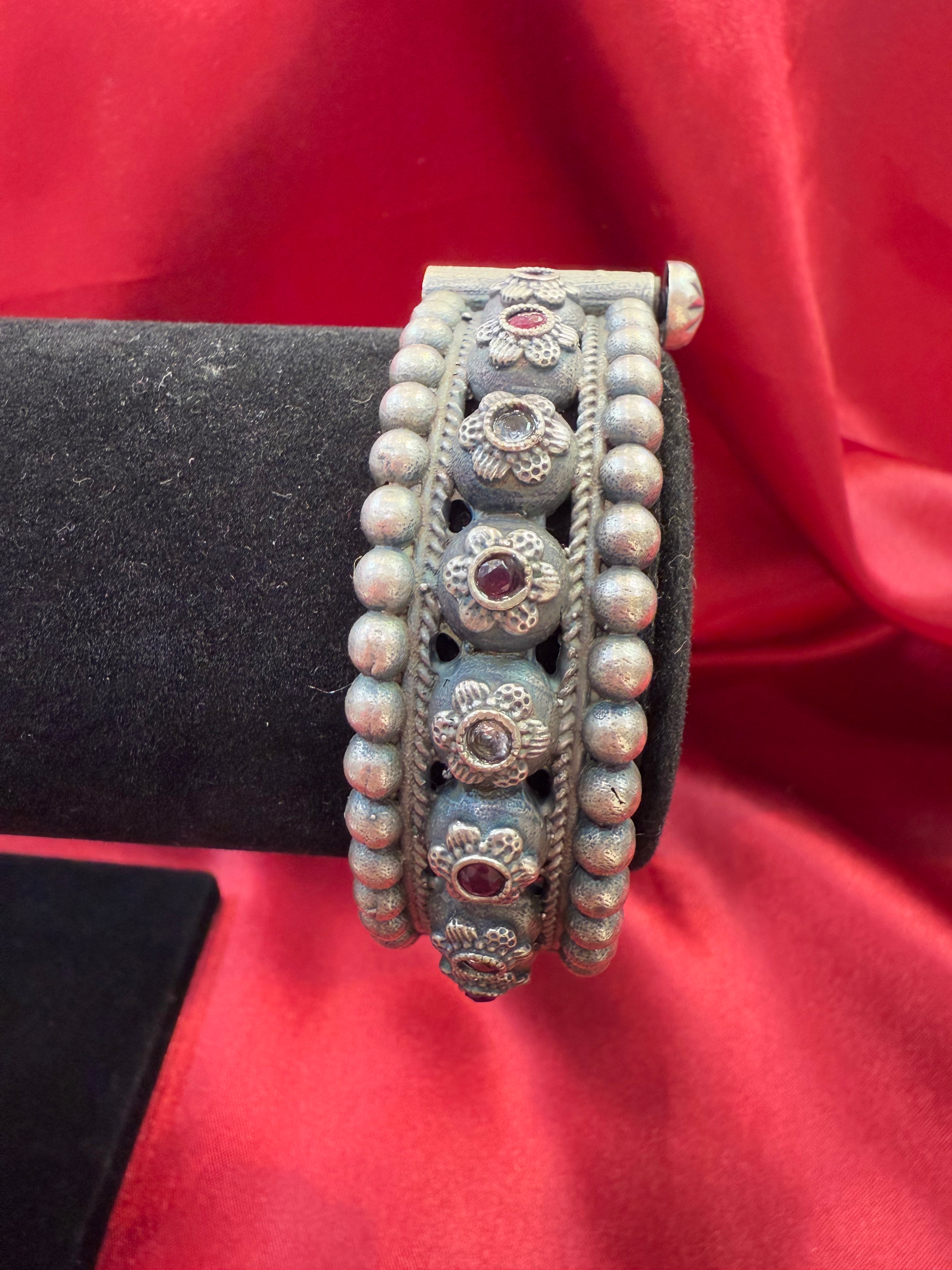 Handmade Tribal Oxidized Silver Ethnic Open Bridal Kada Cuff Bracelet with Maroon & White Stones - Perfect for Weddings, Boho Fashion & Festival Jewelry