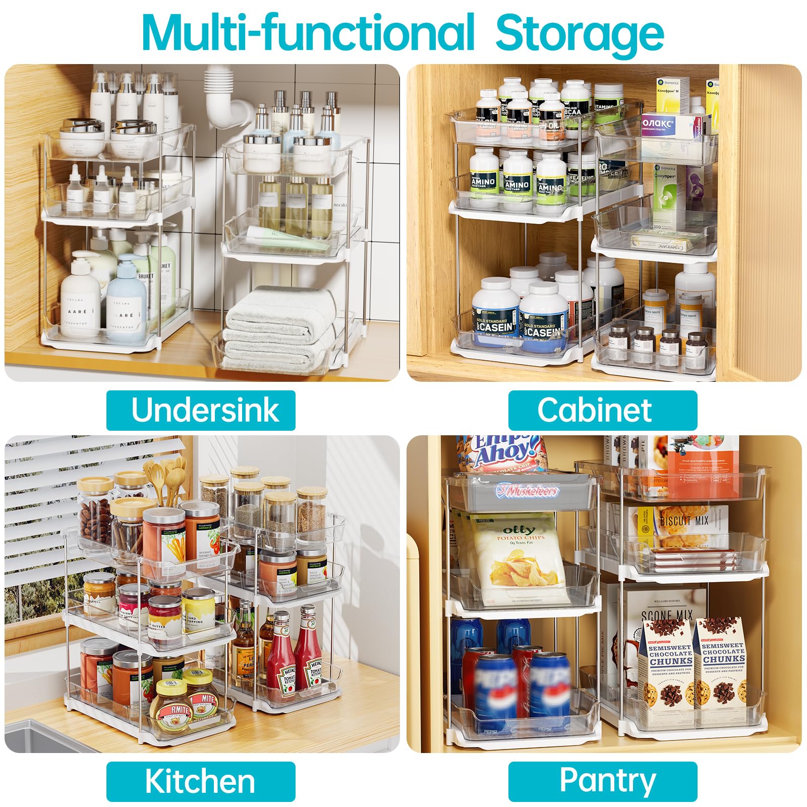 Delamu 2-Pack 3-Tier Under Sink Organizer Set - Stackable Bathroom & Kitchen Storage with Adjustable Dividers - Clear Pull-Out Cabinet Organizer for Pantry, Bathroom & Closet Organization (Perfect for Small Spaces & Home Organization)