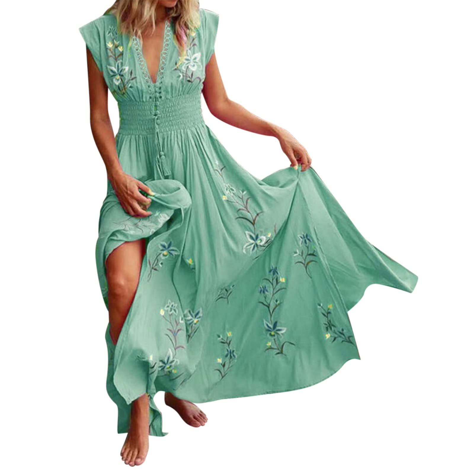 Twoker Women's Floral Print V-Neck Short Sleeve Tummy Control Maxi Dress - Perfect for Summer Vacation, Beach Outings & Teen Fashion
