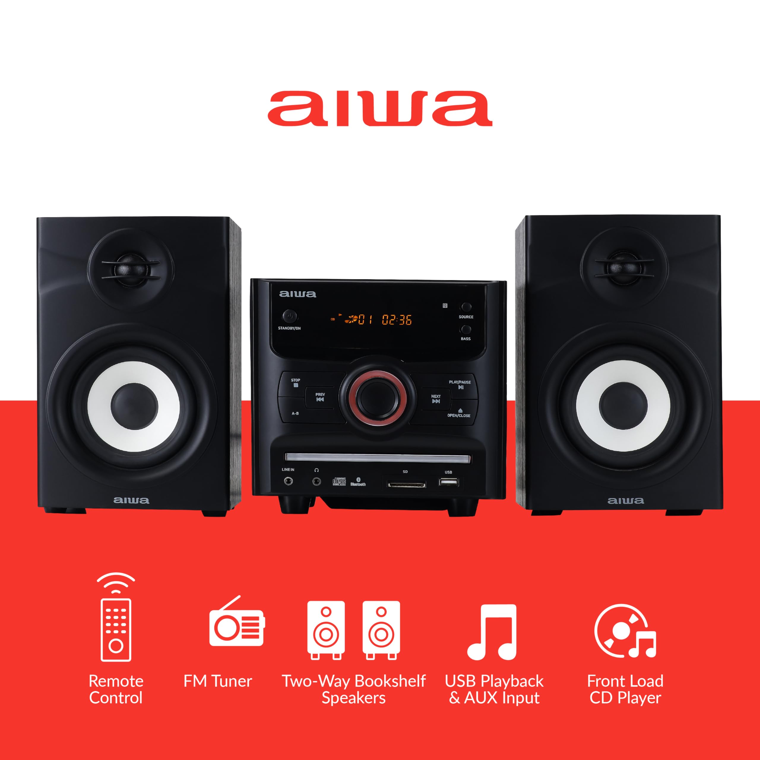 Aiwa 60W Bluetooth Stereo System with Bookshelf Speakers - CD Player, FM Radio, USB/AUX Input, Hi-Fi Sound for iPhone, Android, Tablet & PC - Perfect for Bedroom, Office and Home Entertainment