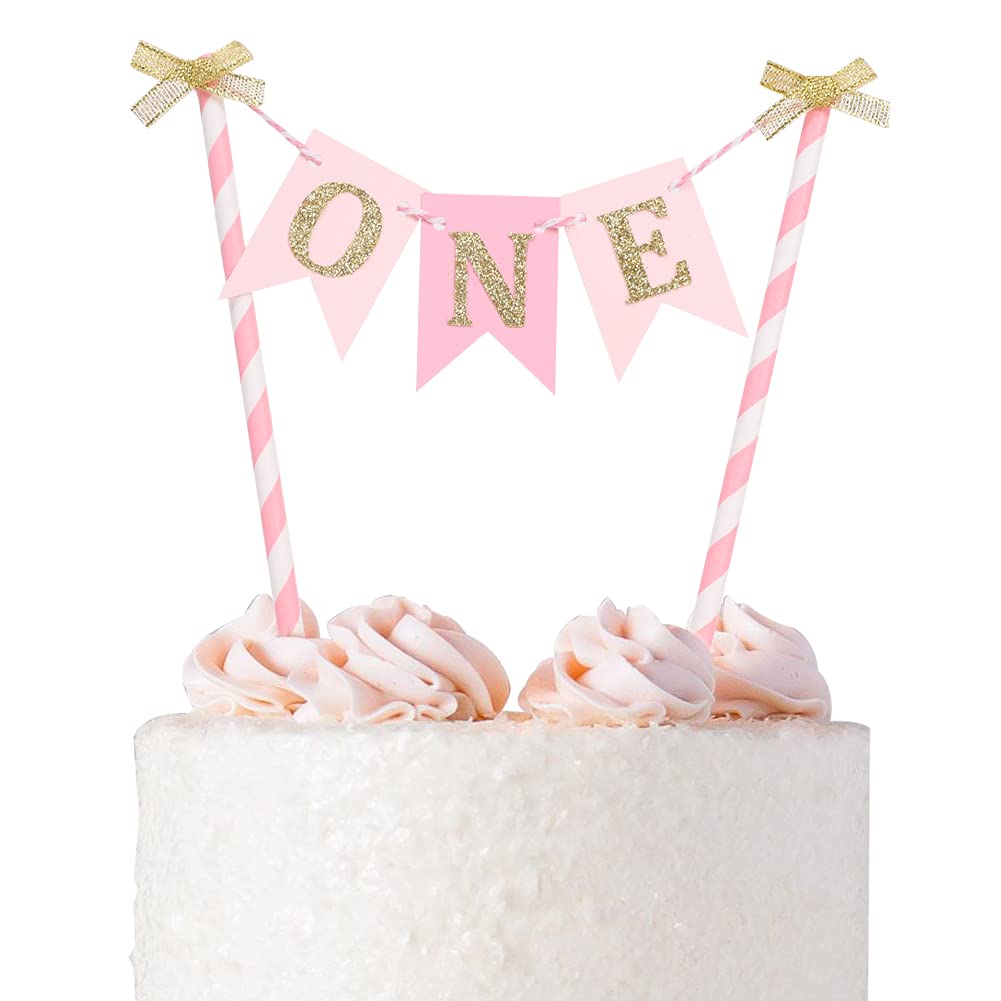 Pink and Gold 1st Birthday Cake Topper for Baby Girls - First Birthday Party Decorations, Cake Smash Banner, Paper Straw Cake Decor - Perfect for 1 Year Old Birthday Cakes, Baby Showers, and Photo Backdrops