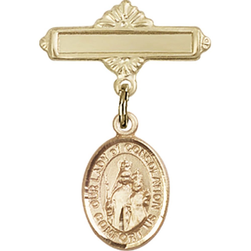 Bonyak Jewelry Saint Medal Collection - Gold Filled Our Lady of Consolation Charm with Polished Badge Pin (1 x 5/8 inches) - Perfect for Baptism Gifts, First Communion, and Religious Jewelry Collections