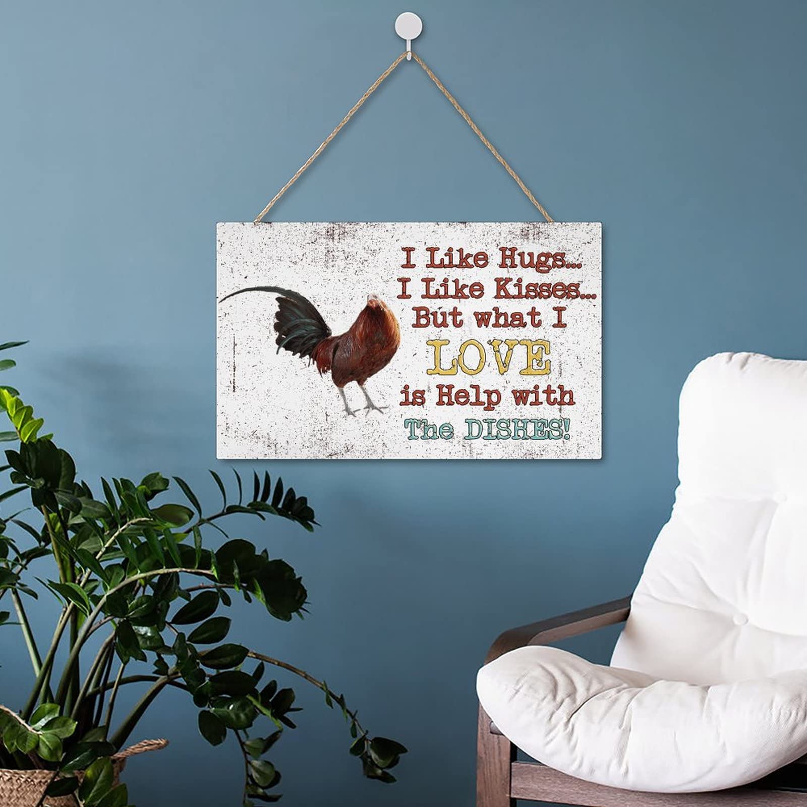 Rustic Rooster Wooden Wall Art - Funny Chicken Coop Decor Sign 'I Like Hugs & Kisses But Love Help with Dishes' - 10x16 Inch Farmhouse Kitchen Decor for Country Homes, Perfect for Farmyard, Kitchen & Dining Room Wall Decoration