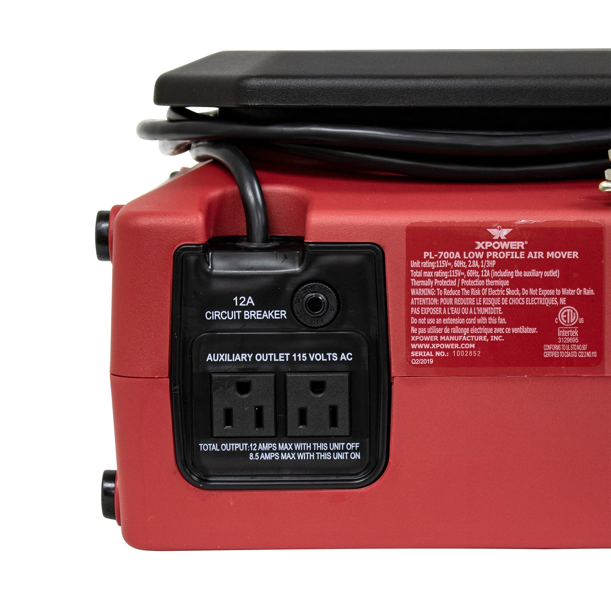 XPOWER PL-700A Low Profile Air Mover Fan - 1/3 HP, 1050 CFM, 3 Speed Adjustable, Red - Professional Carpet Dryer & Water Damage Restoration Blower with Power Outlets - Ideal for Commercial Cleaning, Plumbing, Flood Repair & Home Use