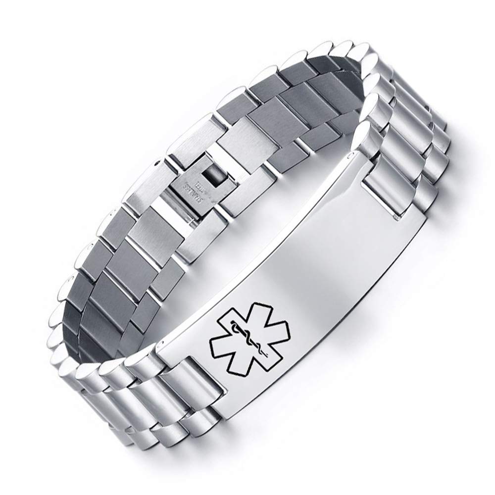 Stainless Steel Medical Alert ID Bracelet for Men & Women - Adjustable Metal Band with Emergency Medical Information - Perfect for Allergies, Diabetes & Heart Conditions