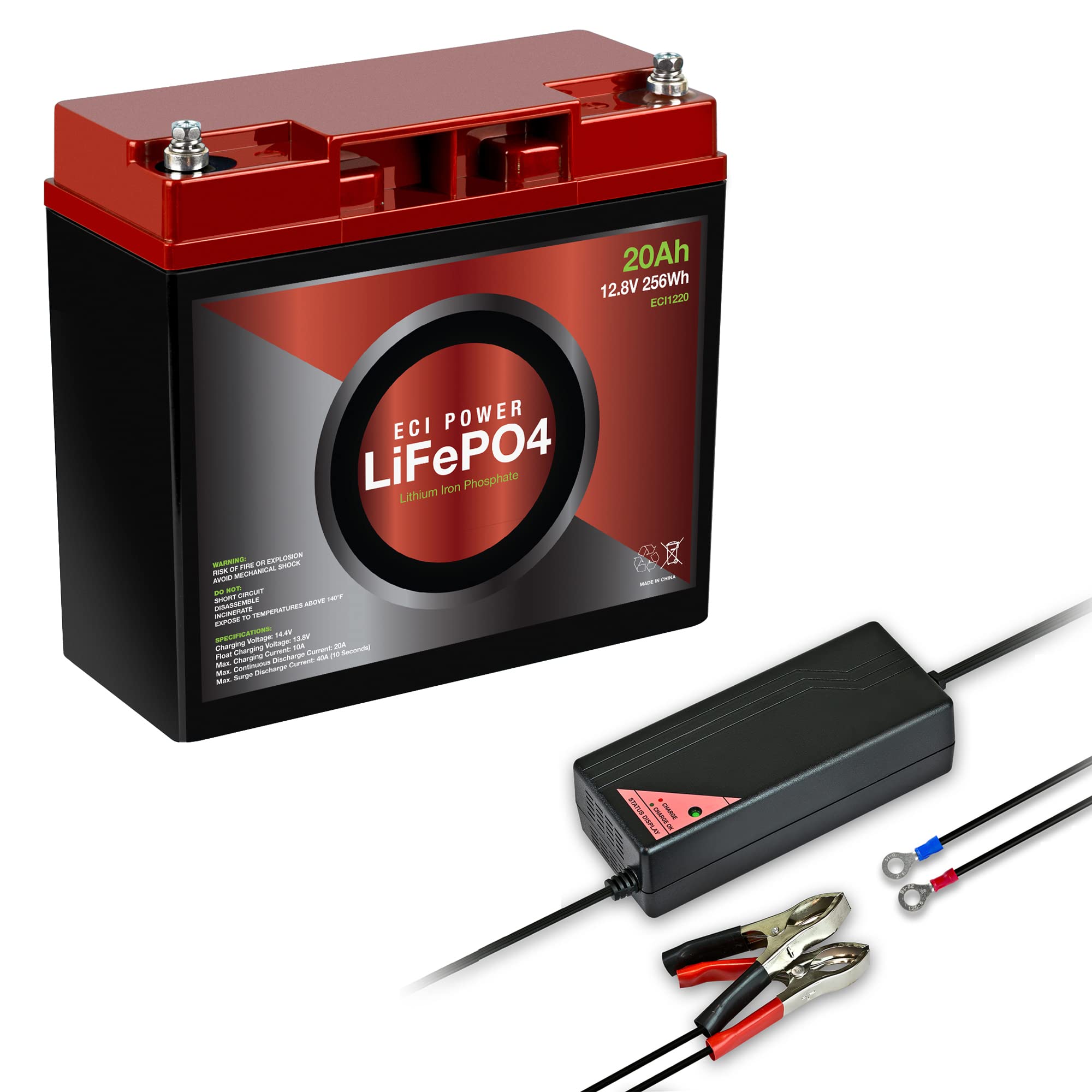 ECI Power 12V 20Ah Lithium LiFePO4 Battery with 12V 5A Charger Bundle - Rechargeable Deep Cycle Battery for RV, Solar, Marine, Trolling Motor & Off-Grid Power Applications