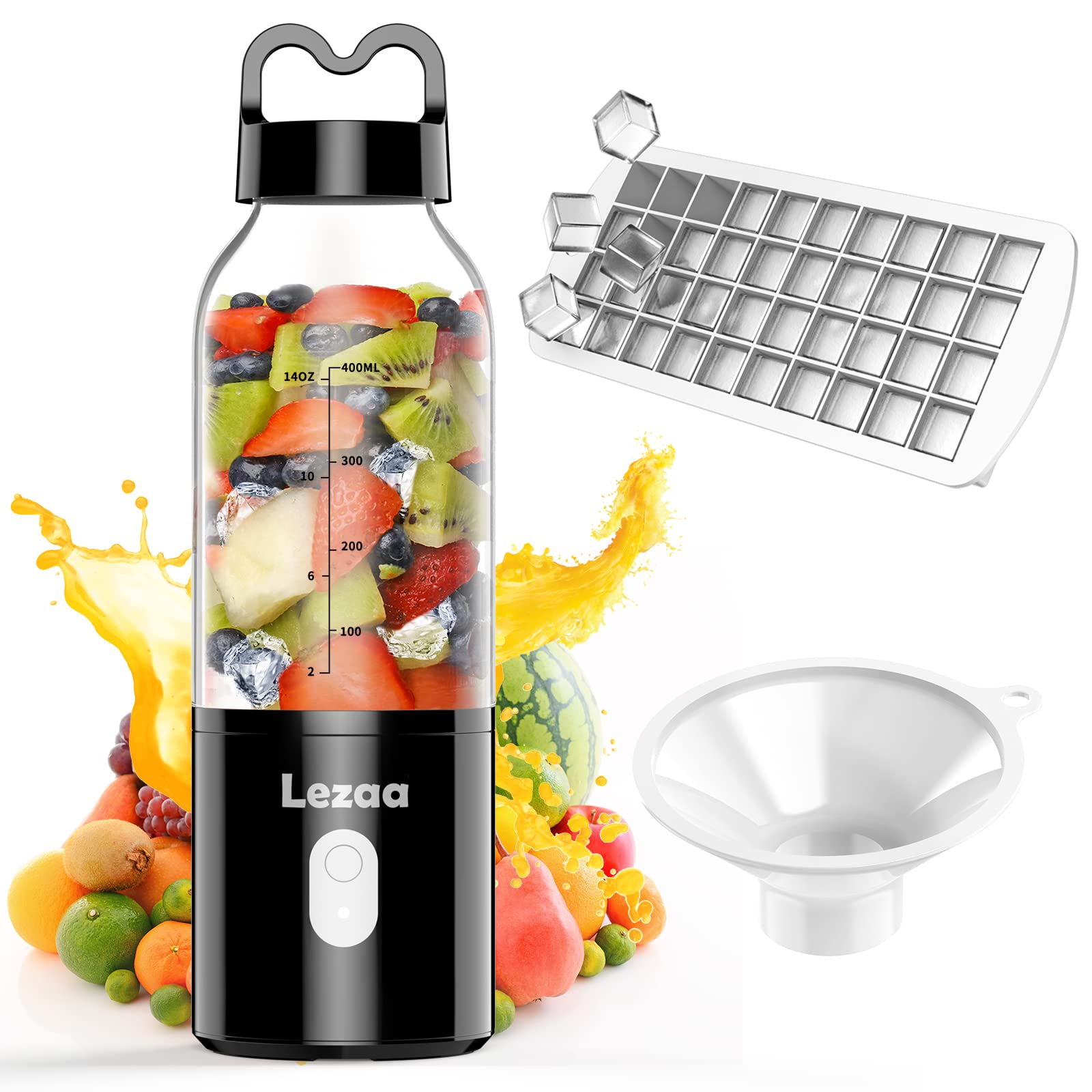 Portable USB Rechargeable 14oz Mini Blender - Personal Blender for Shakes, Smoothies & Protein Drinks | Compact Travel Blender for Gym, Office, Camping & Outdoor Activities (Black)