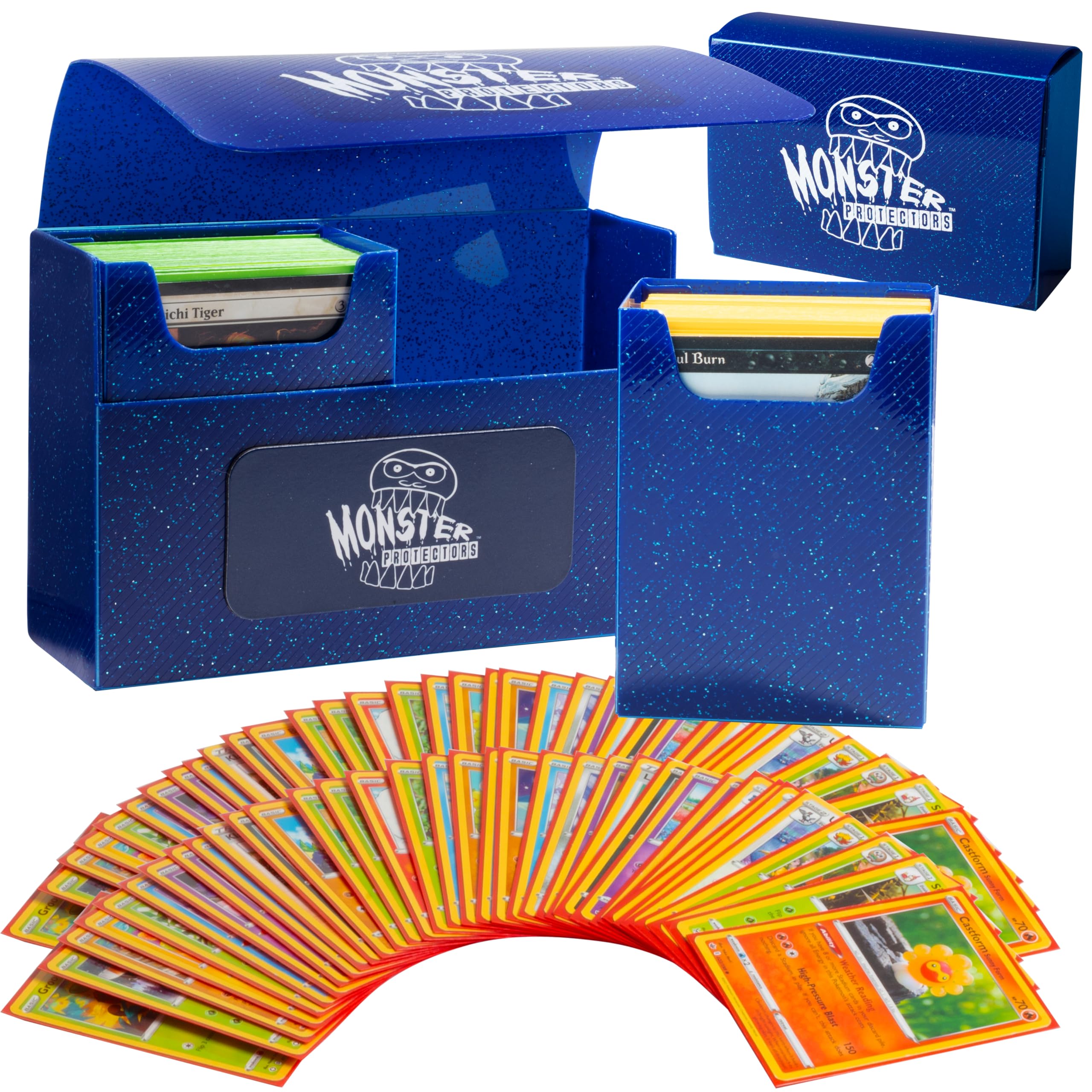 Monster Protectors Magnetic Double Deck Box - Blue Glitter TCG Storage | Holds 150 Trading Cards | Self-Locking Closure | Compatible with Standard & Small Size Cards | Removable Construction | Perfect Gift for Gamers & Collectors | Great for MTG, Pokemon & Yu-Gi-Oh Card Organization