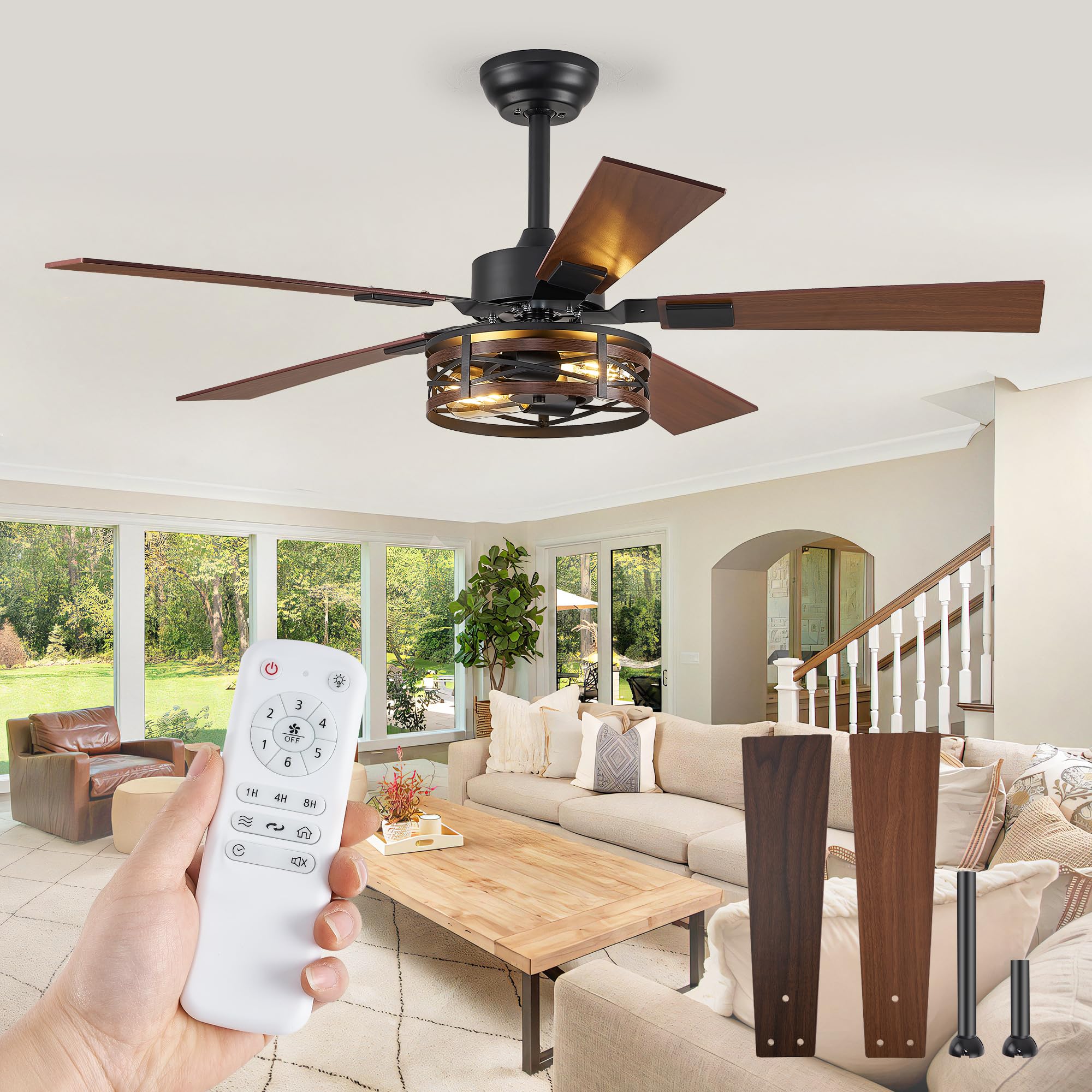 48 Inch Rustic Farmhouse Ceiling Fan with Light - 6-Speed Adjustable Quiet Reversible DC Motor, Dual Finish 5 Blades - Perfect for Bedroom, Living Room, Porch & Farmhouse Decor