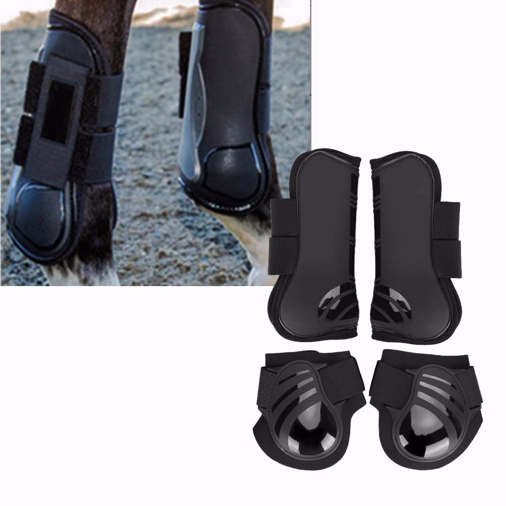 4Pcs Horse Leg Protectors - Elastic PU Front & Hind Leg Boots for Riding, Shock Absorbing Tendon & Fetlock Protection - Show & Competition Use (Medium, Black) - Ideal for Training, Jumping & Dressage