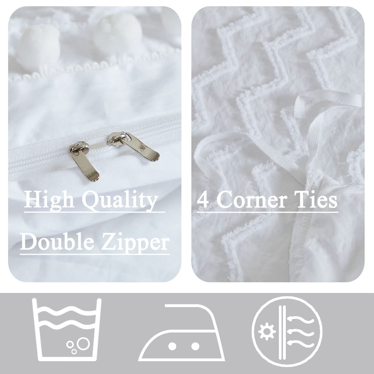 Boho Duvet Cover Queen Size - 3 Piece Cotton Farmhouse Bedding Set with White Pom Pom Trim | Reversible Soft Zipper Closure | Shabby Chic Home Decor for All Seasons | Perfect for Guest Rooms, Master Bedrooms & Cozy Boho Aesthetic
