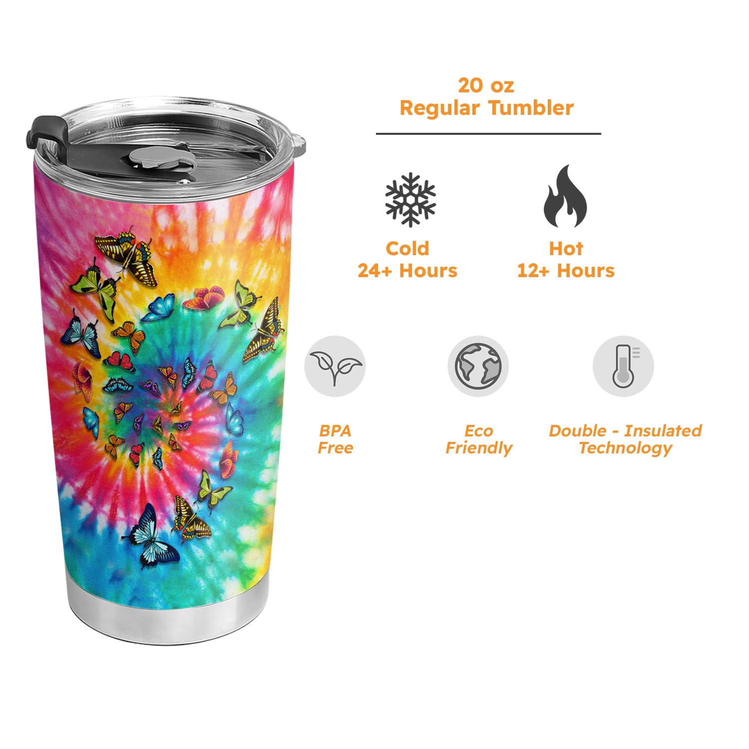 64HYDRO 20oz Tie Dye Butterfly Stainless Steel Tumbler - Double Wall Vacuum Insulated Travel Coffee Mug with Lid - Colorful Butterfly Gift for Women & Butterfly Lovers - Perfect for Office, Hiking, Camping & Daily Use
