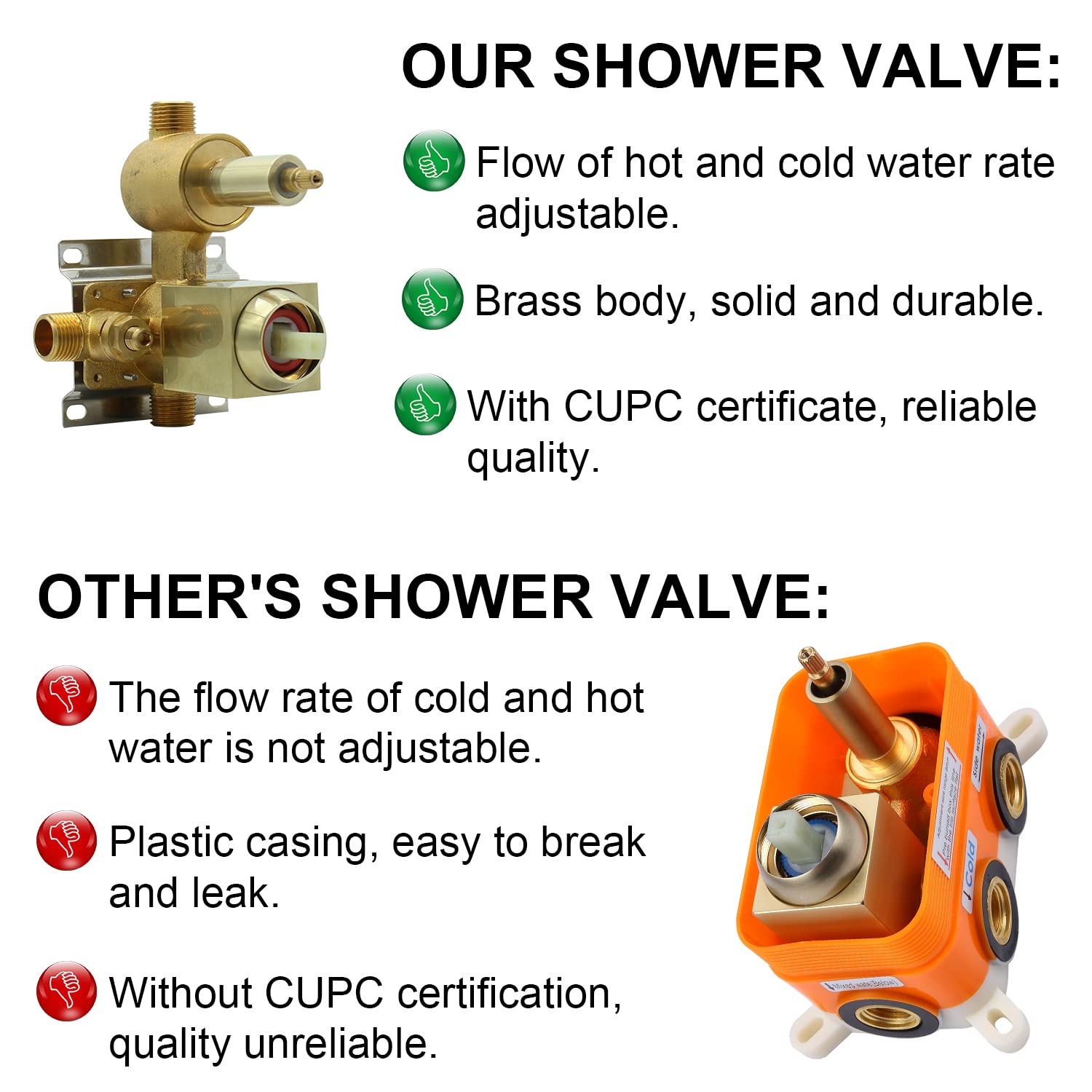 Brushed Gold 3-Way Shower Valve - Concealed Brass 3-Outlet Diverter Valve with Flow Control - Mixer Rough-In Shower Valve Kit for Bathroom, Spa, and Luxury Shower Systems
