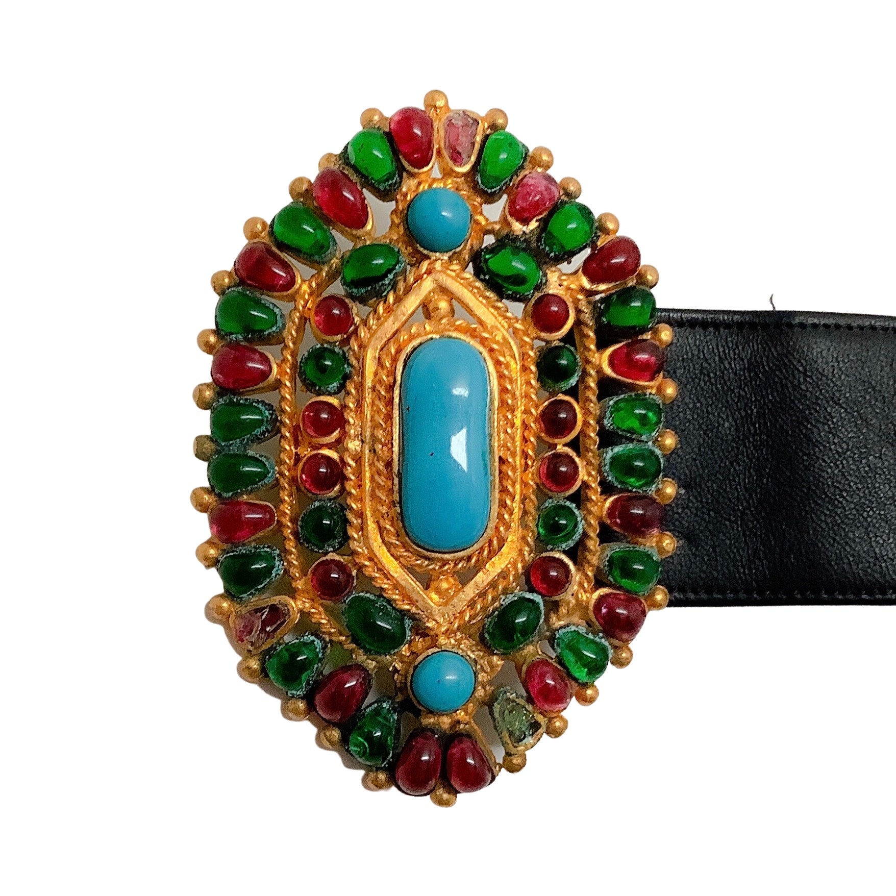 Vintage Chanel 1993 Turquoise Gripoix Black Leather Belt - Luxury Designer Waist Belt for Women, Perfect for Dresses, Jeans & Special Occasions
