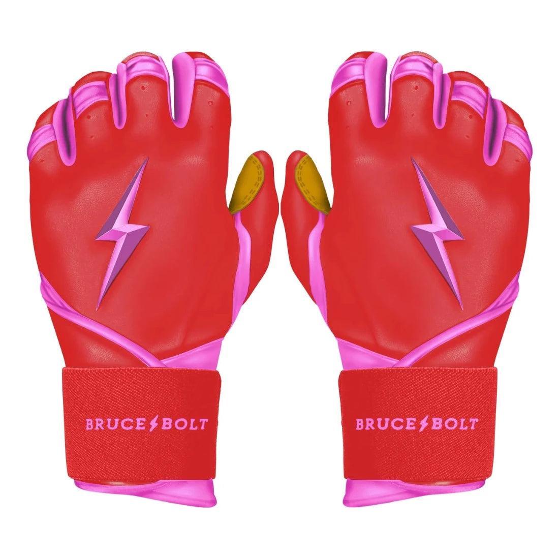 Bruce Bolt PREMIUM PRO BADER Series Long Cuff Batting Gloves for Baseball & Softball - Pink | Durable Grip & Wrist Support for Hitting Practice & Games