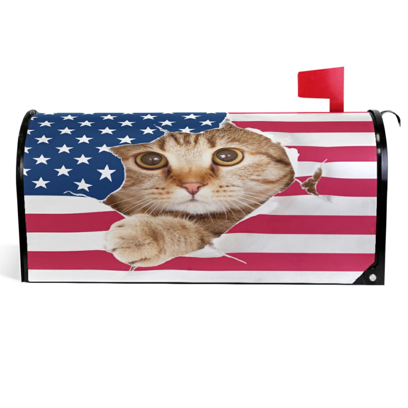 Wamika Magnetic Cat Mailbox Cover with USA Flag Design - Large 18x21 Inch Weatherproof Decorative Mailbox Wrap for Front Porch & Home Decor