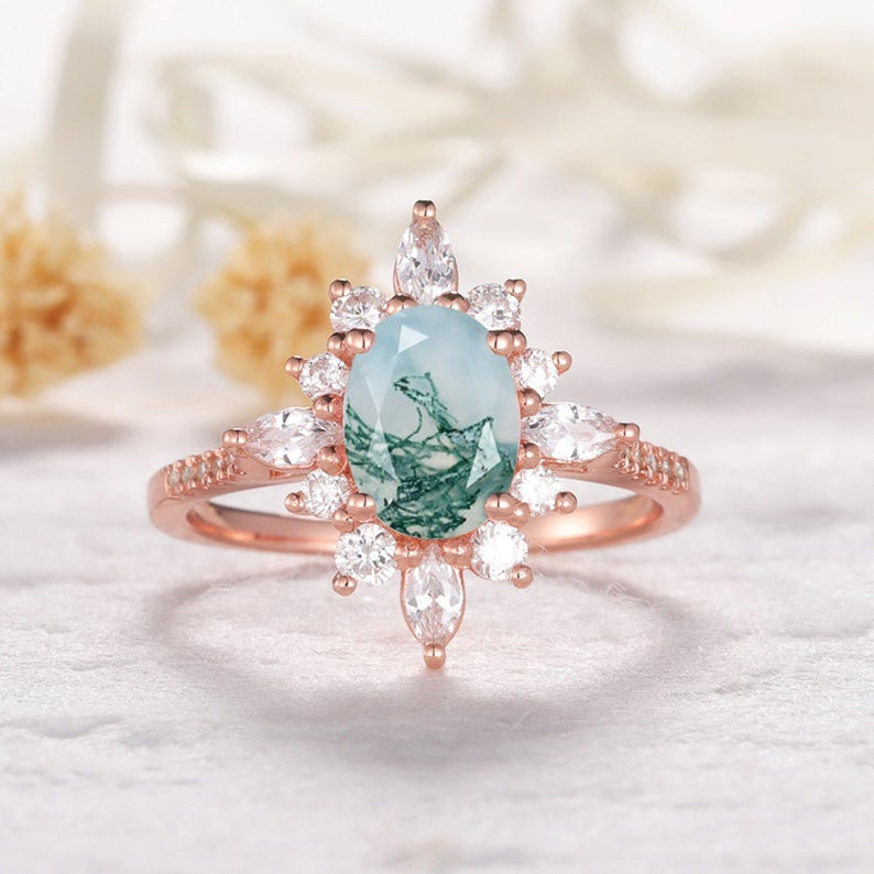 Vintage Moss Agate Diamond Halo Engagement Ring - 14K Gold Wedding Band for Women, Nature-Inspired Bridal Jewelry (Perfect for Proposals, Anniversaries & Romantic Occasions)