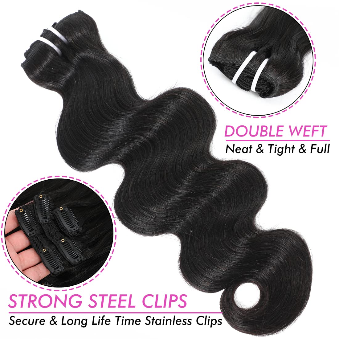 10A Grade Unprocessed 16 Inch Human Hair Clip In Extensions - Body Wave Soft Silky Natural Black 1b# for Black Women (8Pcs 18 Clips) | Perfect for Daily Styling, Parties & Special Occasions