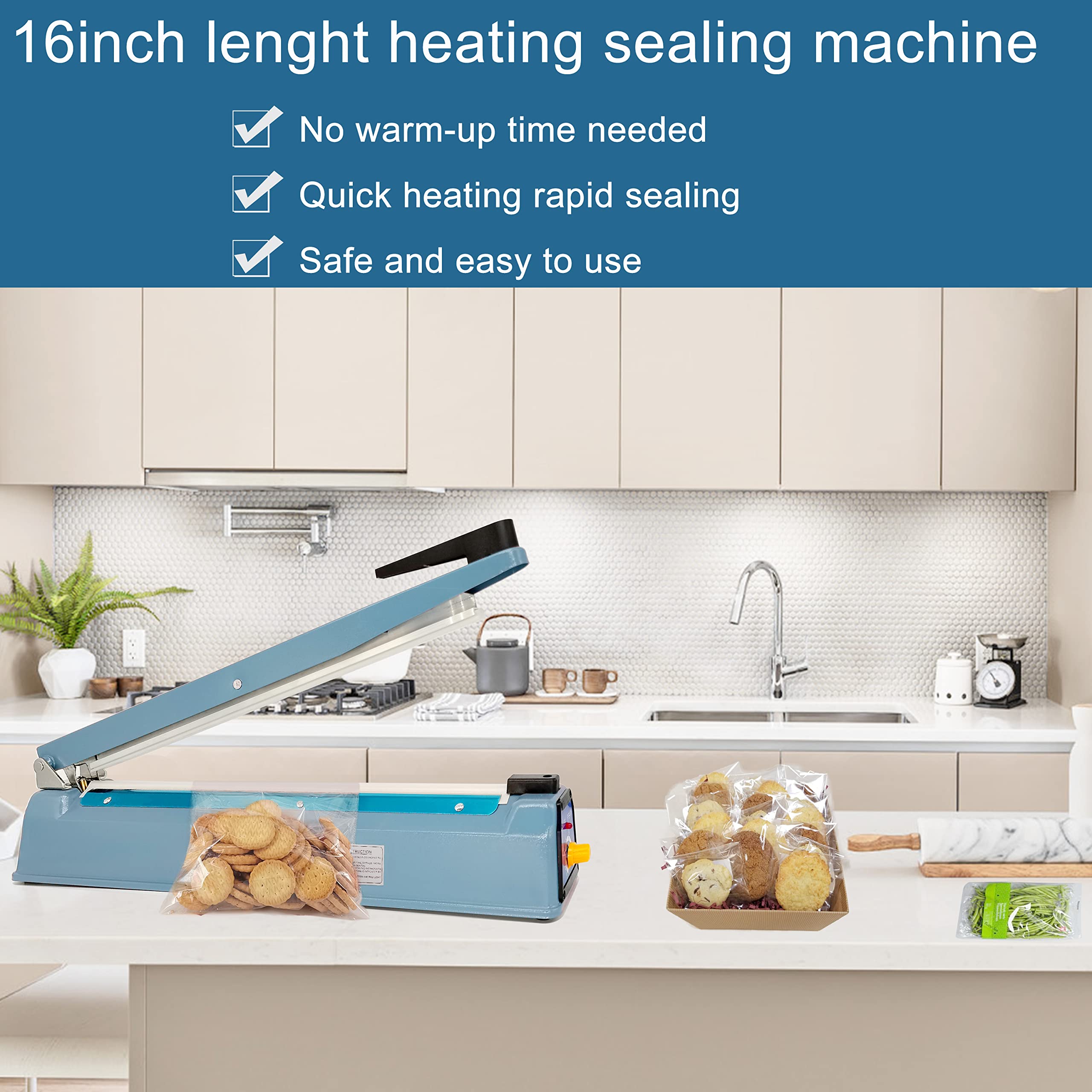16 Inch Impulse Heat Sealer Machine for Mylar Bags | 110V Manual Plastic/Poly/Cookie Bag Sealer with 8 Replacement Parts & Teflon Cloth Strip (Includes 2 Round Cutter Lines) | Perfect for Food Storage, Coffee Packaging & Small Business Sealing Needs