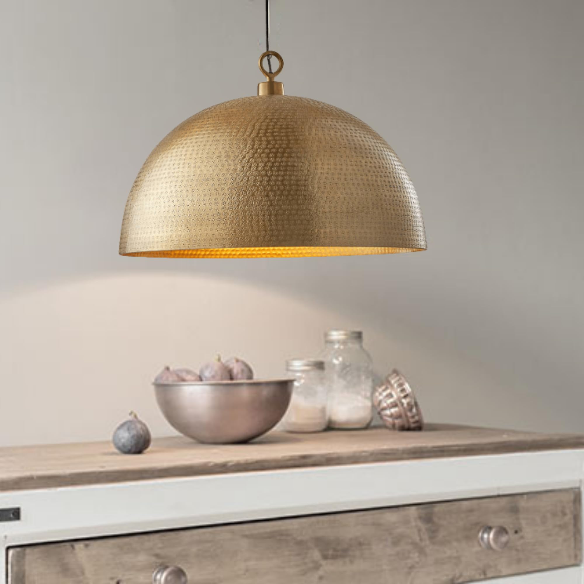 Hammered Brass Dome Pendant Light Fixture - 20cm Gold Dome Ceiling Light for Dining Room, Kitchen, Bedroom & Living Room Decor