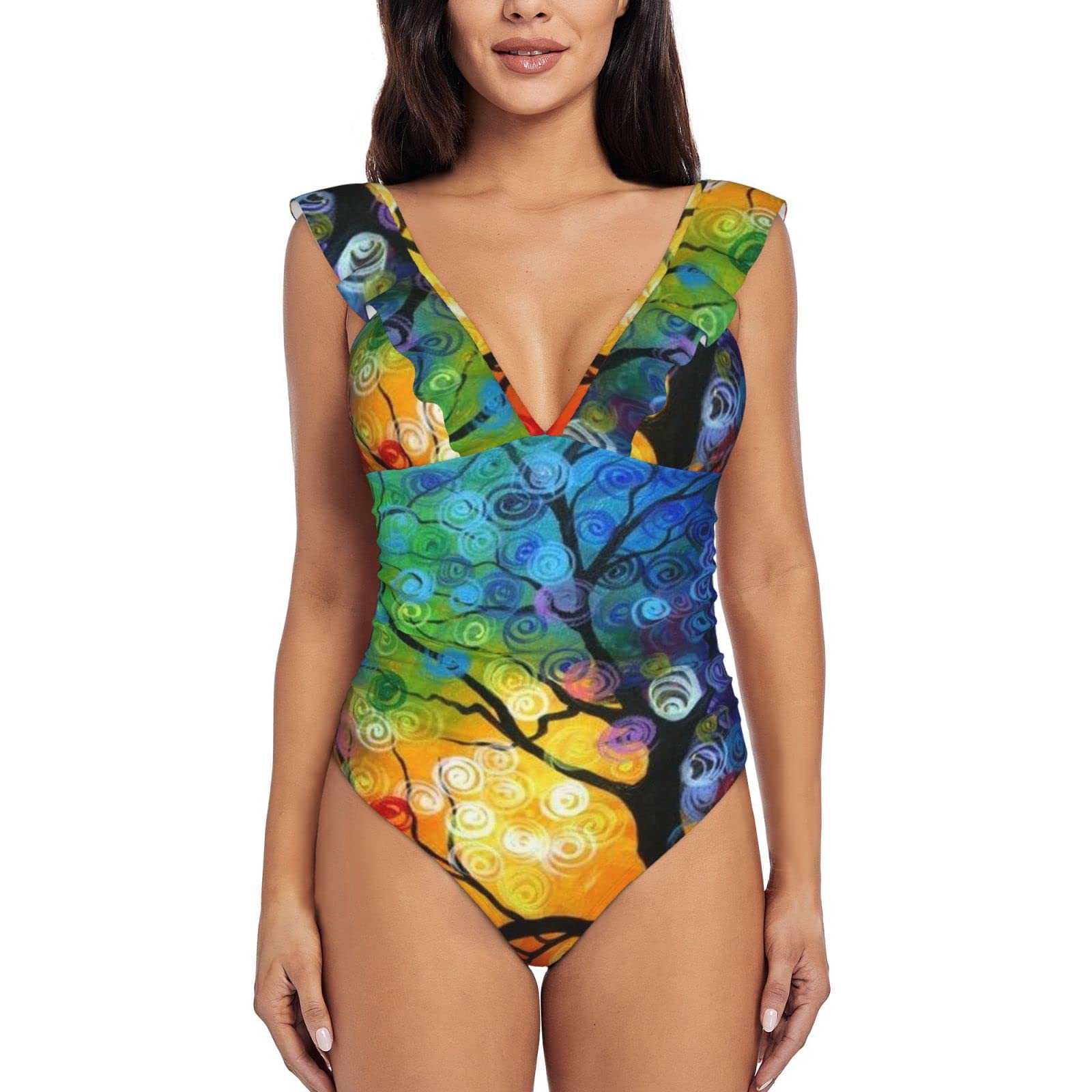 Women's V Neck One Piece Swimsuit with Ruffled Hot Balloon Design - Stylish Bathing Suit for Beach, Pool & Summer Vacations